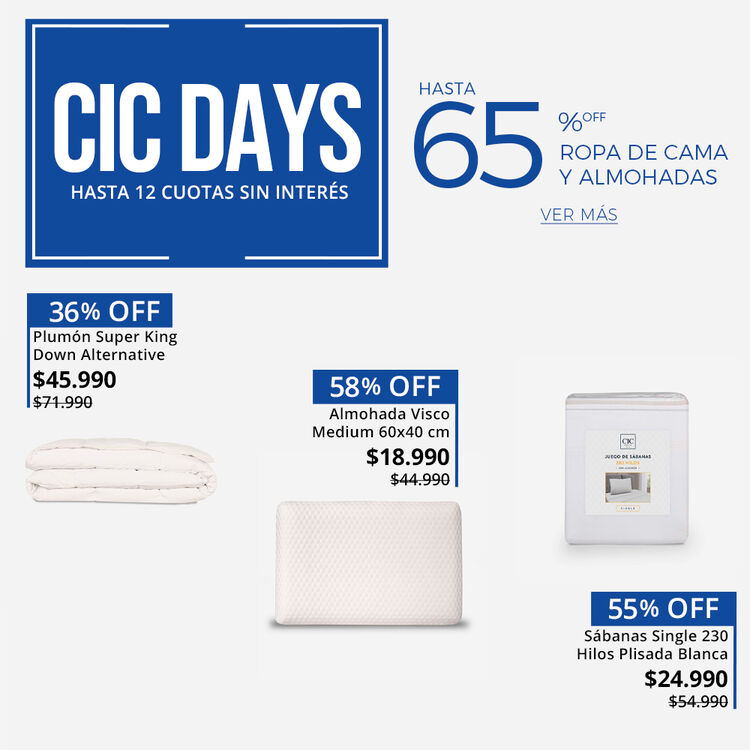 Ropa de cama y Almohadas con hasta 55% de dcto. en CIC DAYS