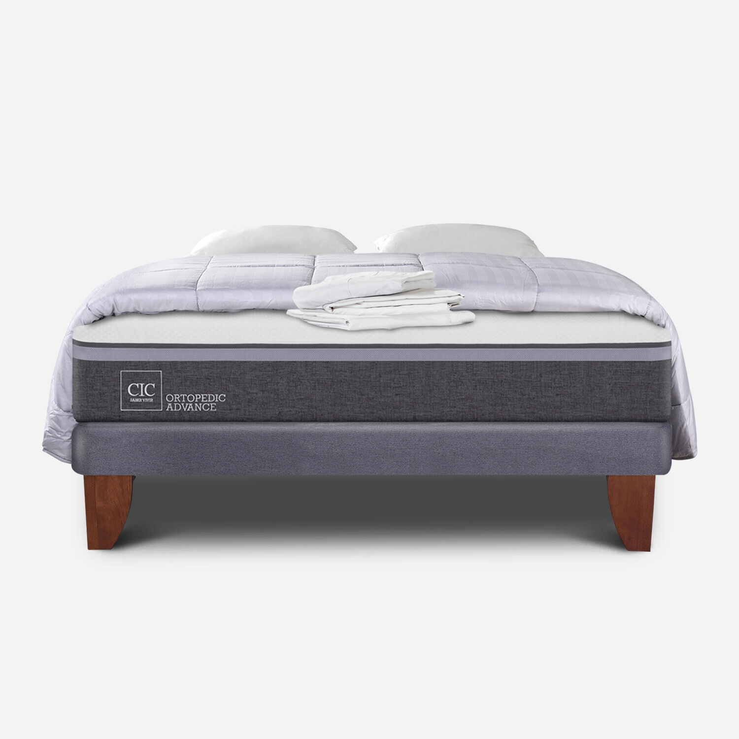 Cama Europea 2 Plazas Ortopedic Advance Base Normal + Almohadas + Plum&oacute;n