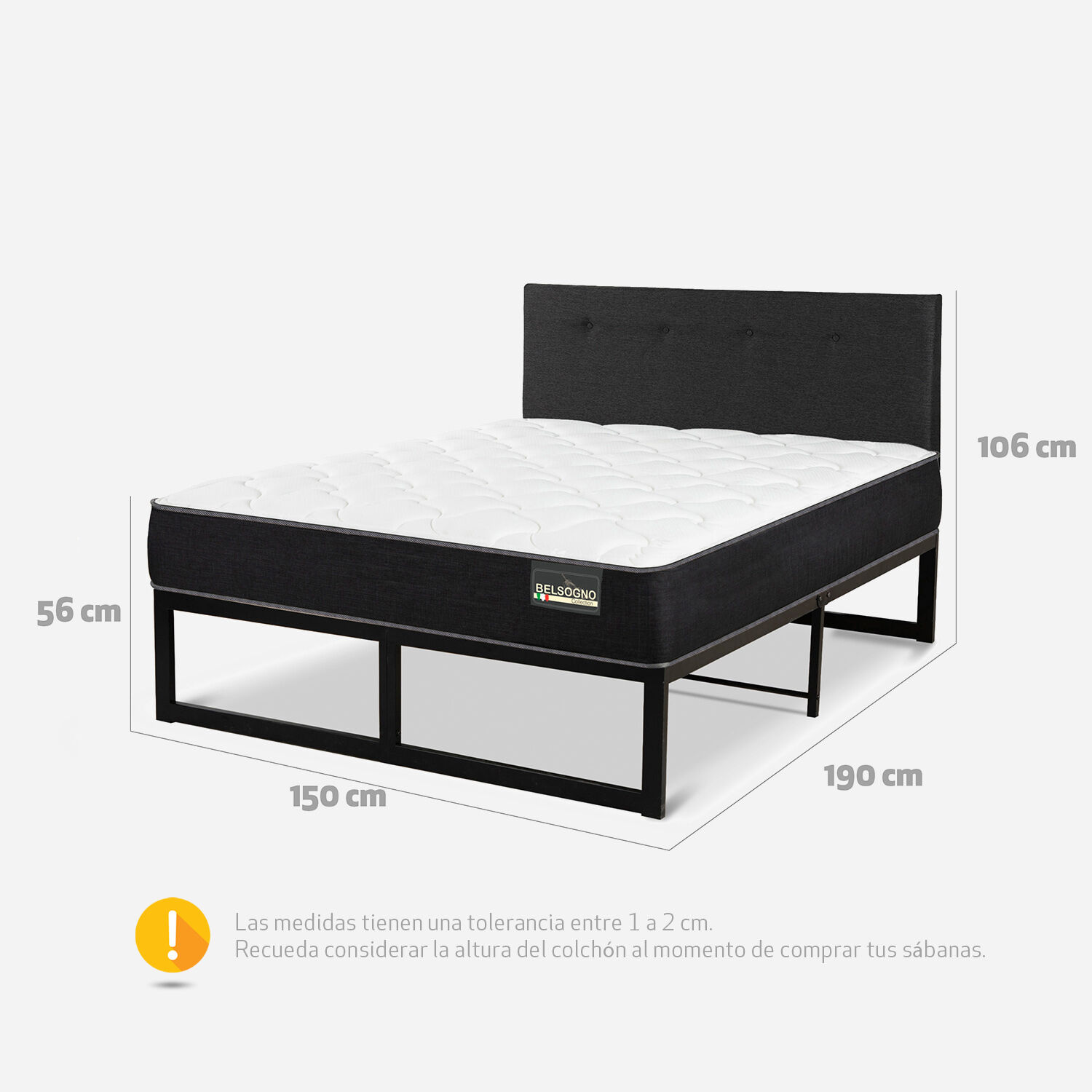 Cama Iron Smart Belsogno 2 Plazas Plus Black con Respaldo Black