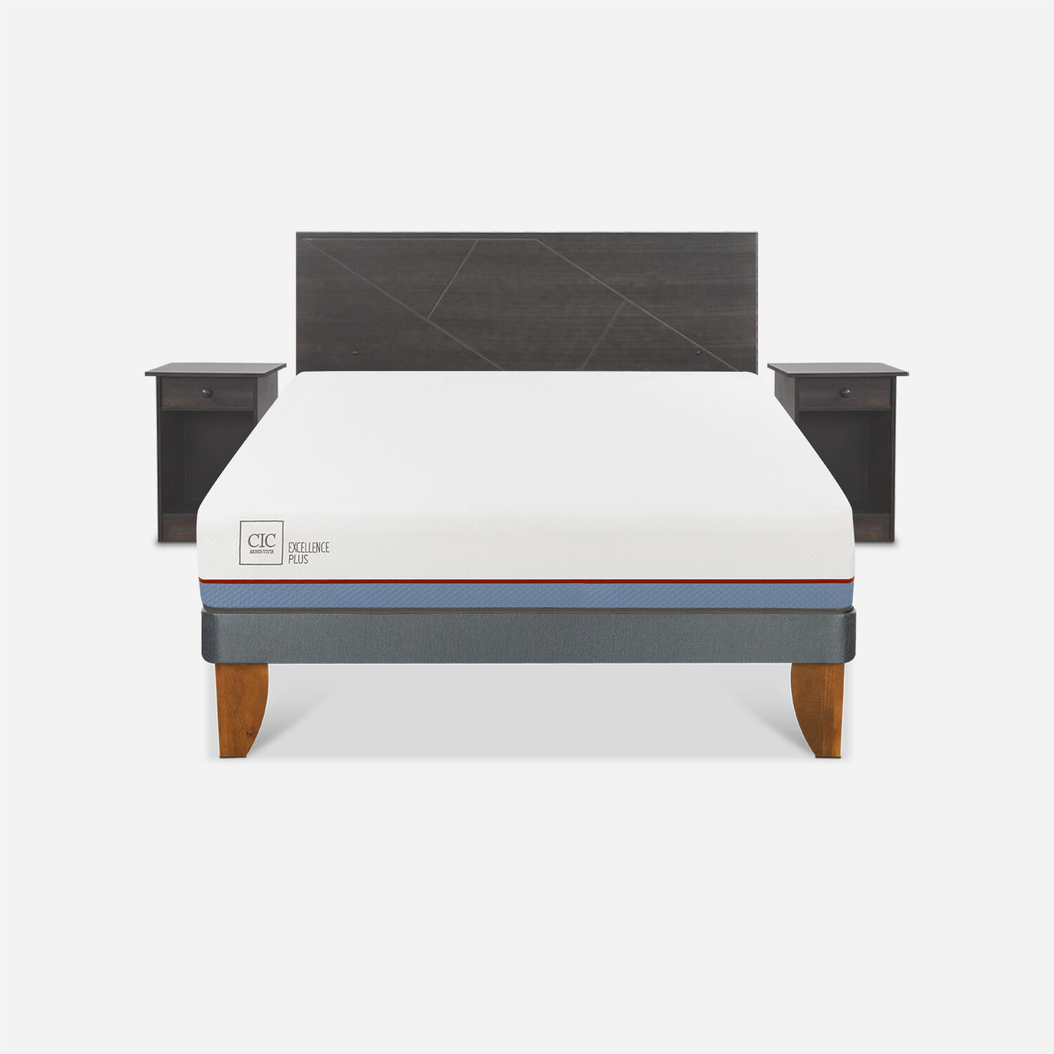 Cama Europea 2 Plazas Excellence Base Normal + Set Villarrica Gris