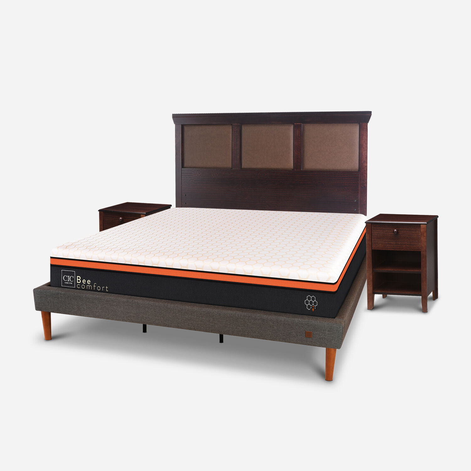 Cama Europea Curve King Bee Comfort + Set Torino Chocolate