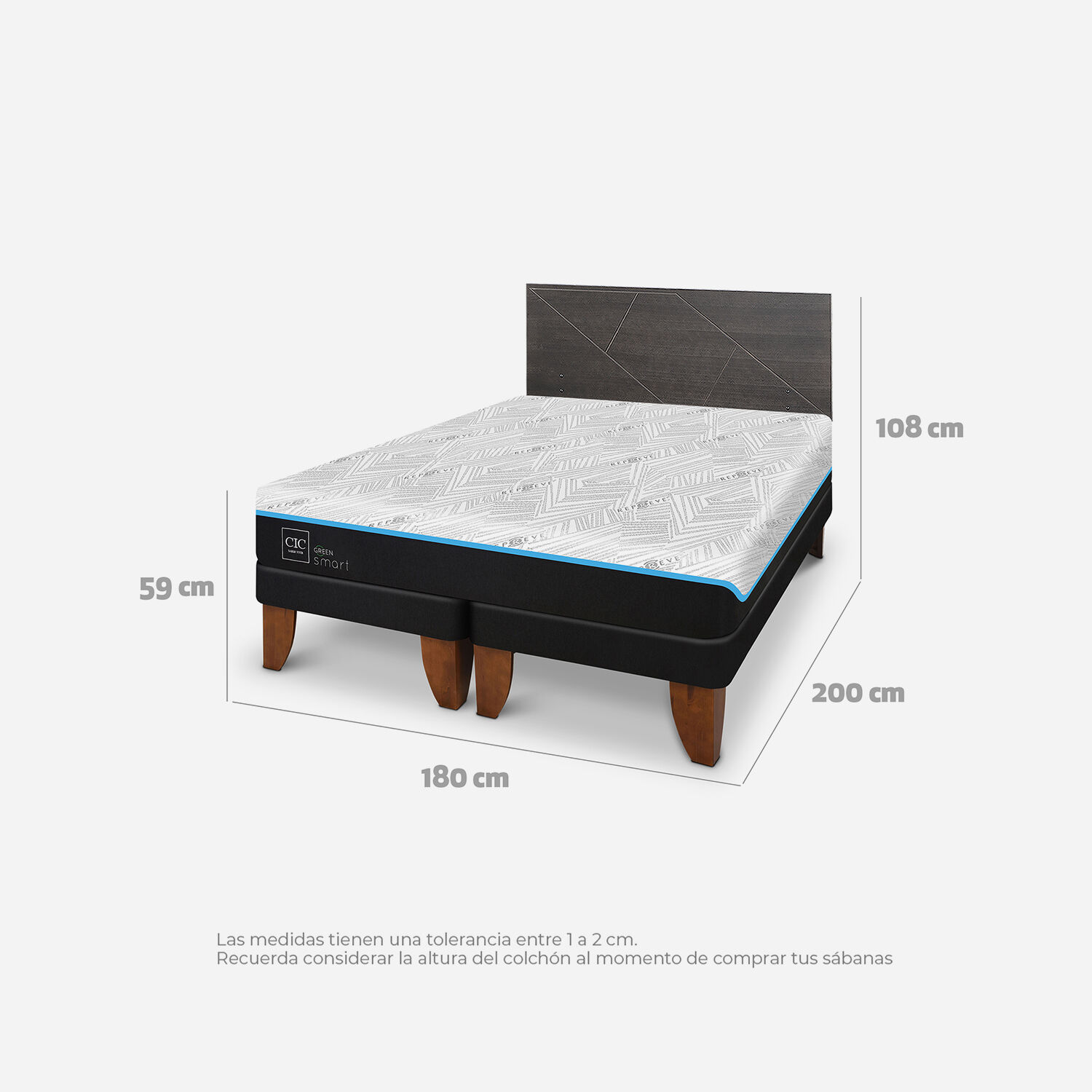 Cama Europea King Green Infinity Respaldo Villarrica Gris
