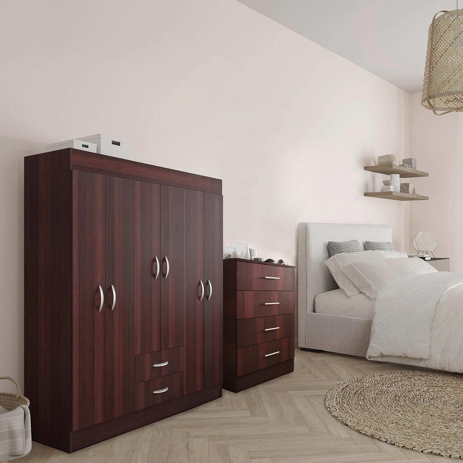 Cl&oacute;set 6 Puertas 2 Cajones Trancura Chocolate + C&oacute;moda Cajonera F&eacute;nix Chocolate