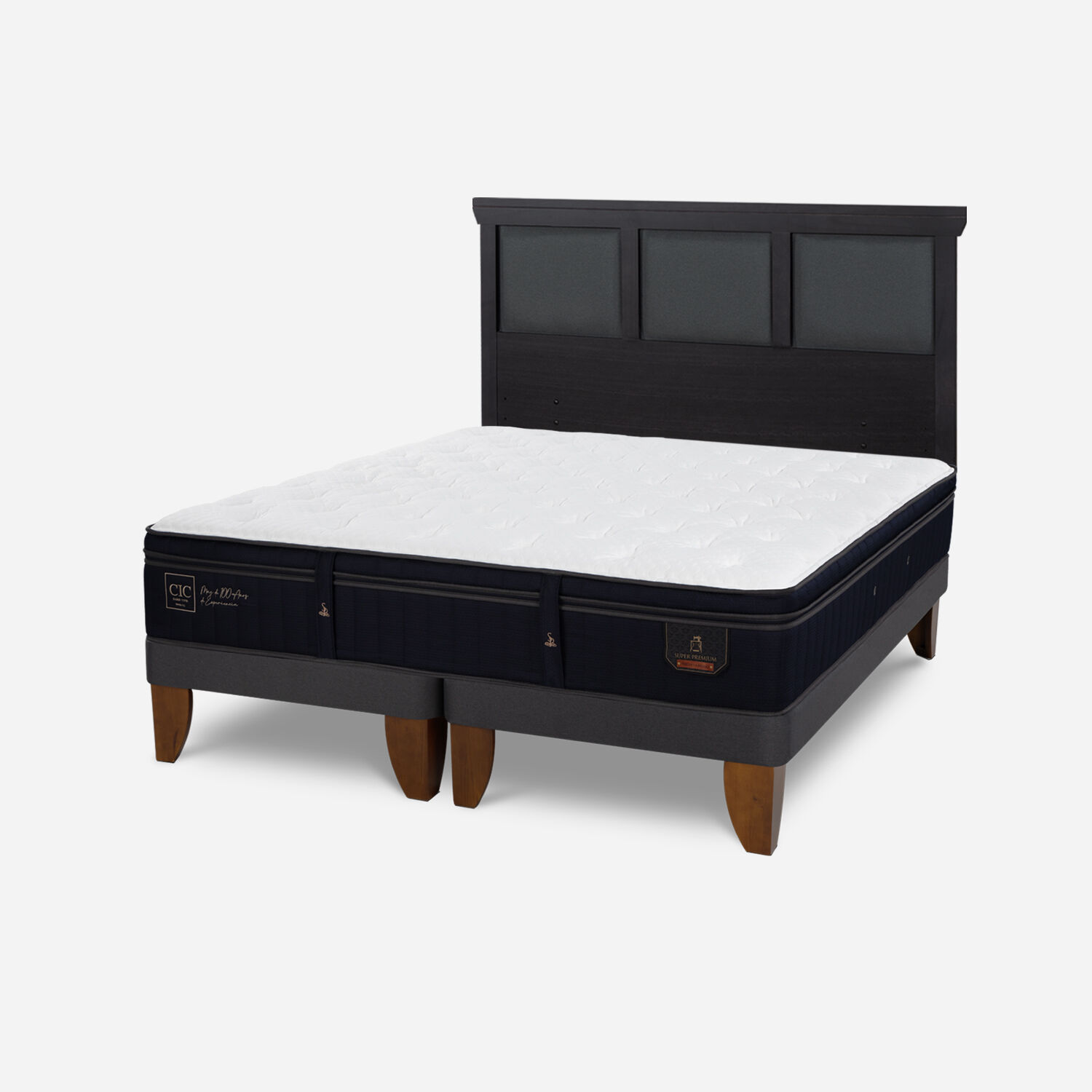 Cama Europea 2 Plazas Super Premium Base Dividida + Respaldo Torino Negro