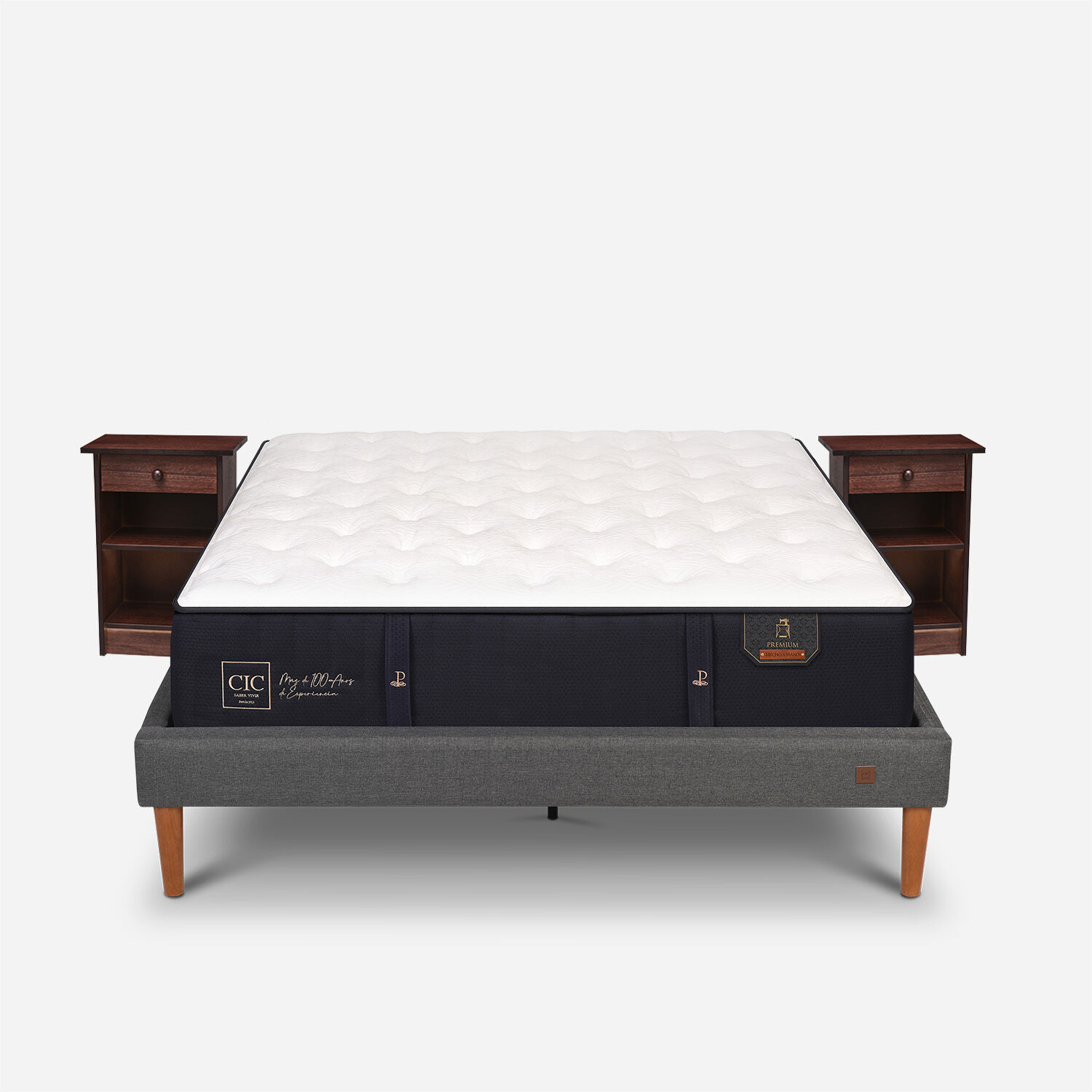 Cama Europea Curve 2 Plazas Premium + Veladores Dubl&iacute;n Chocolate