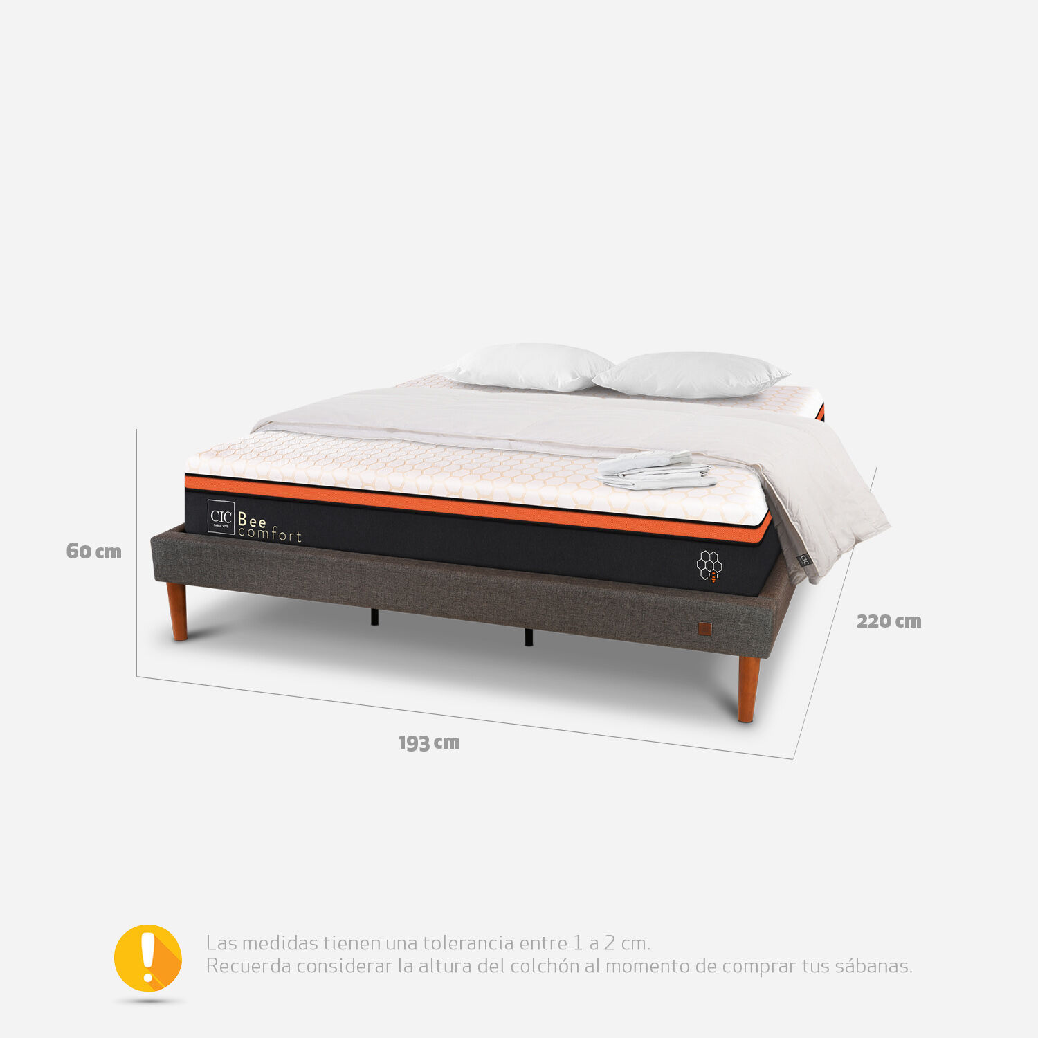 Cama Europea Curve King Bee Comfort + Almohadas Viscoel&aacute;sticas + Plum&oacute;n + Sabanas
