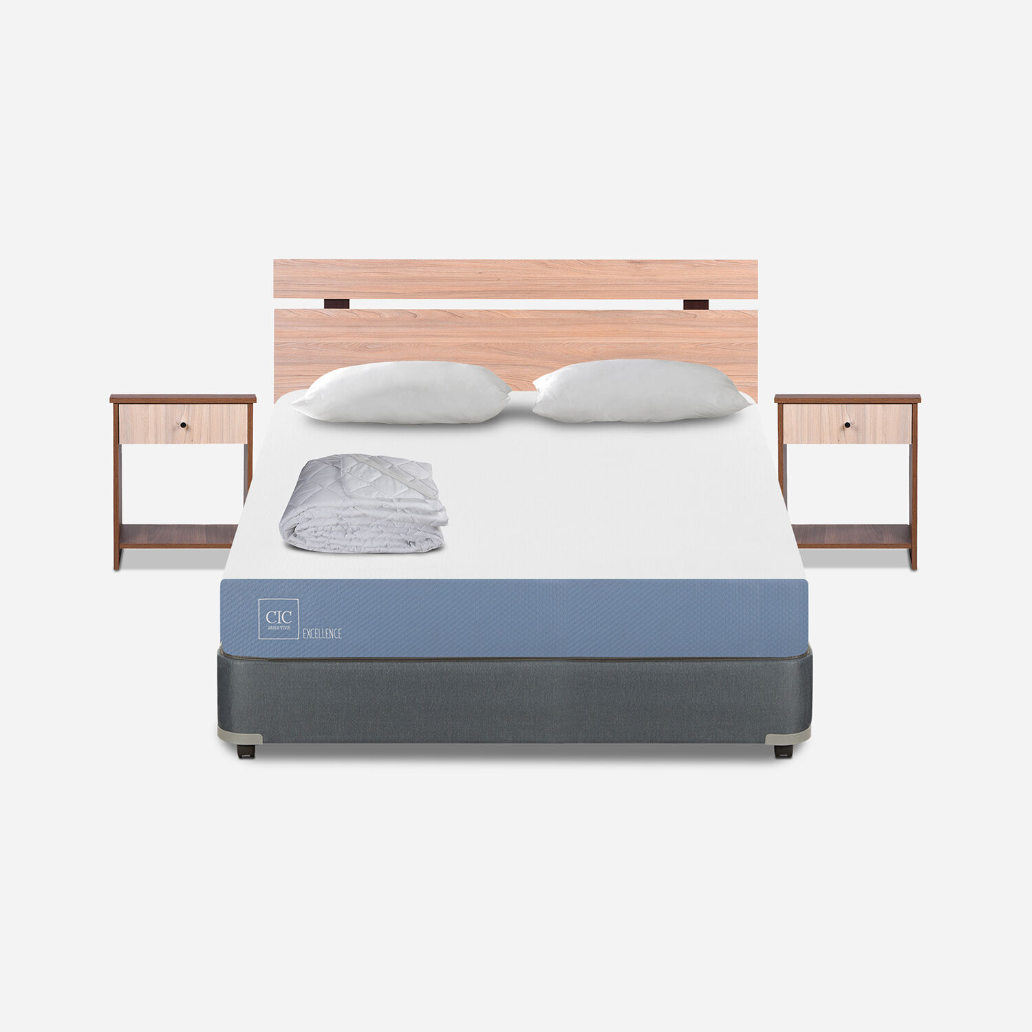 Cama Americana Full Excellence + Set Olmo + Almohadas + Plum&oacute;n