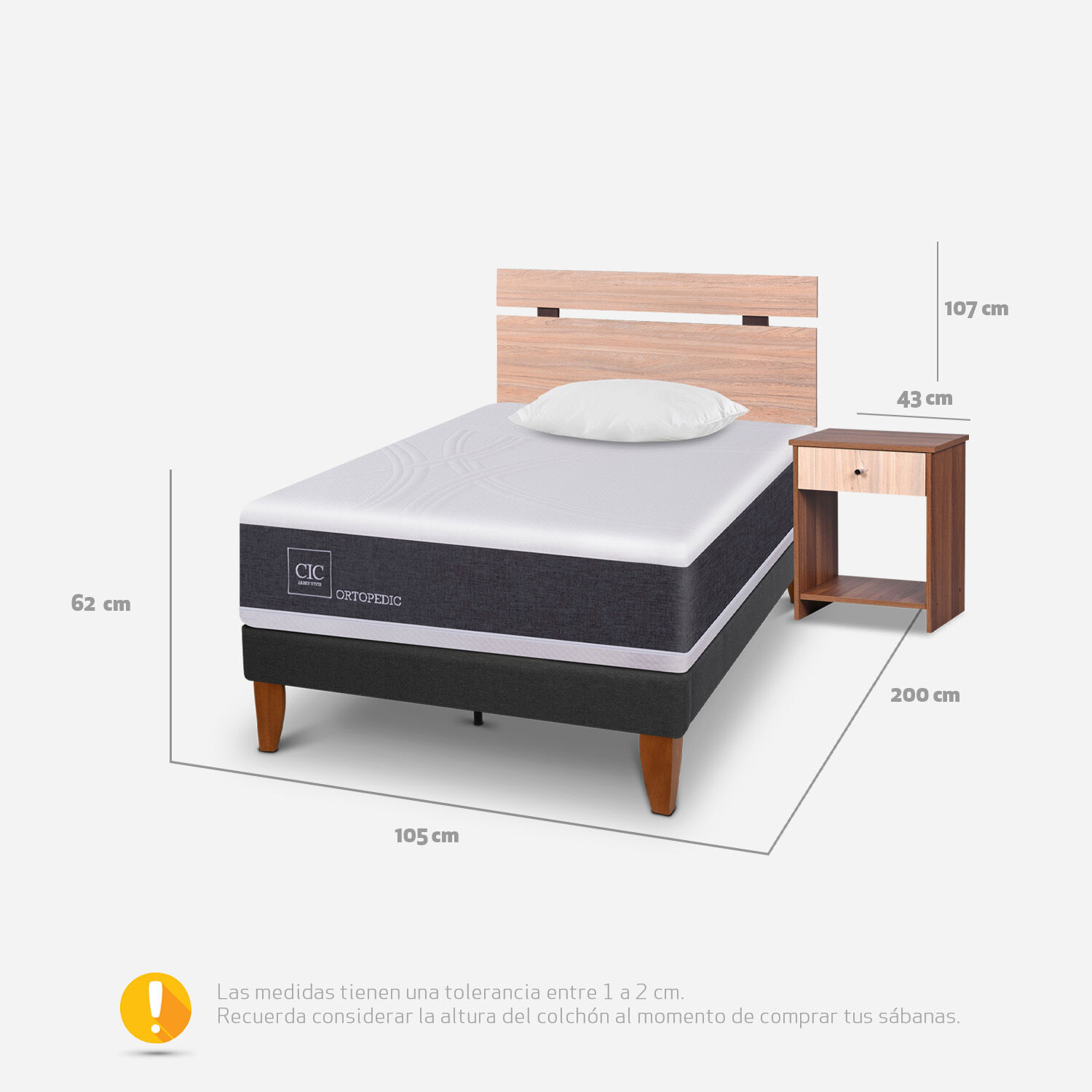 Cama Europea Curve 1,5 Plazas Ortopedic + Set Olmo + Almohada