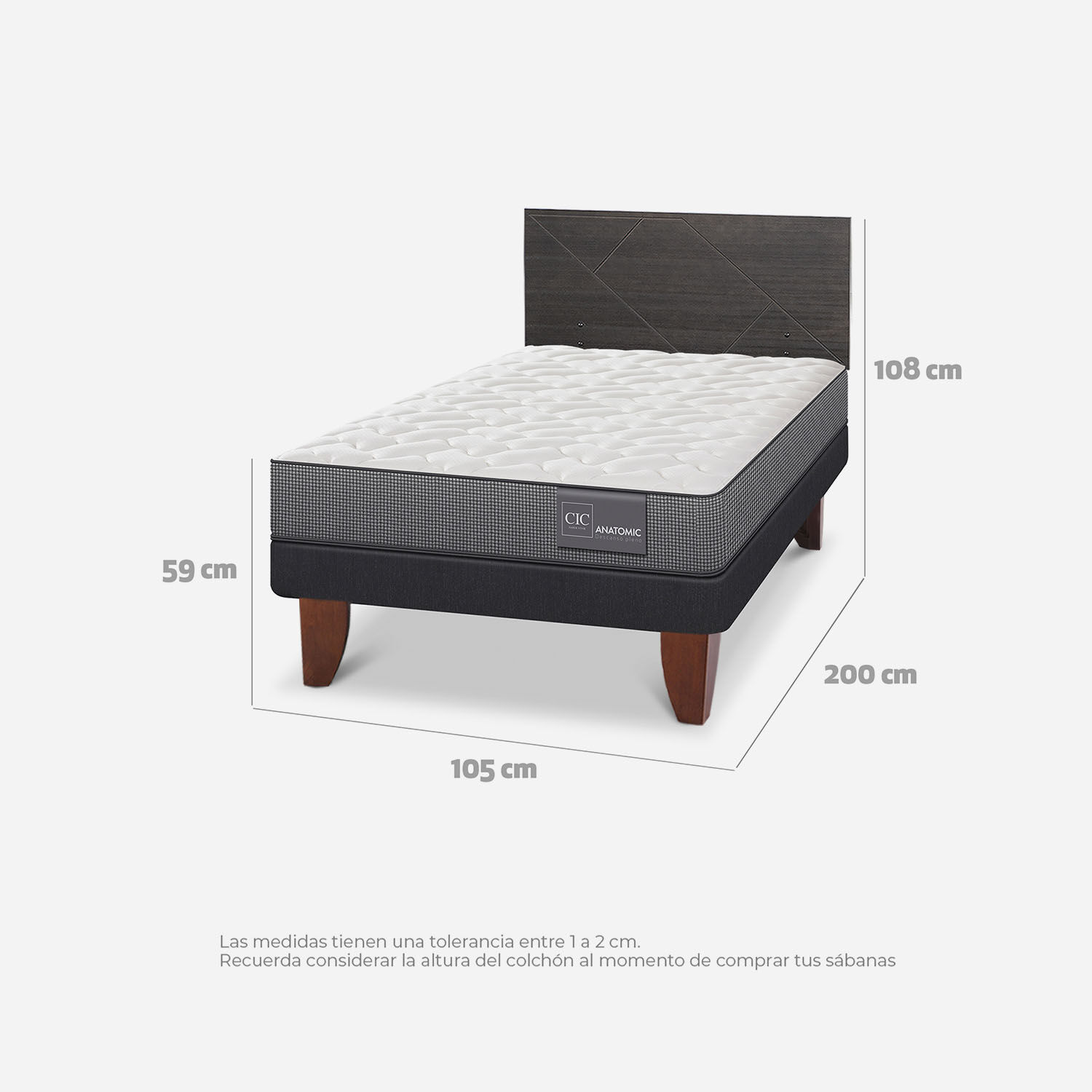 Cama Europea 1,5 Plazas Anatomic + Respaldo Villarrica Gris