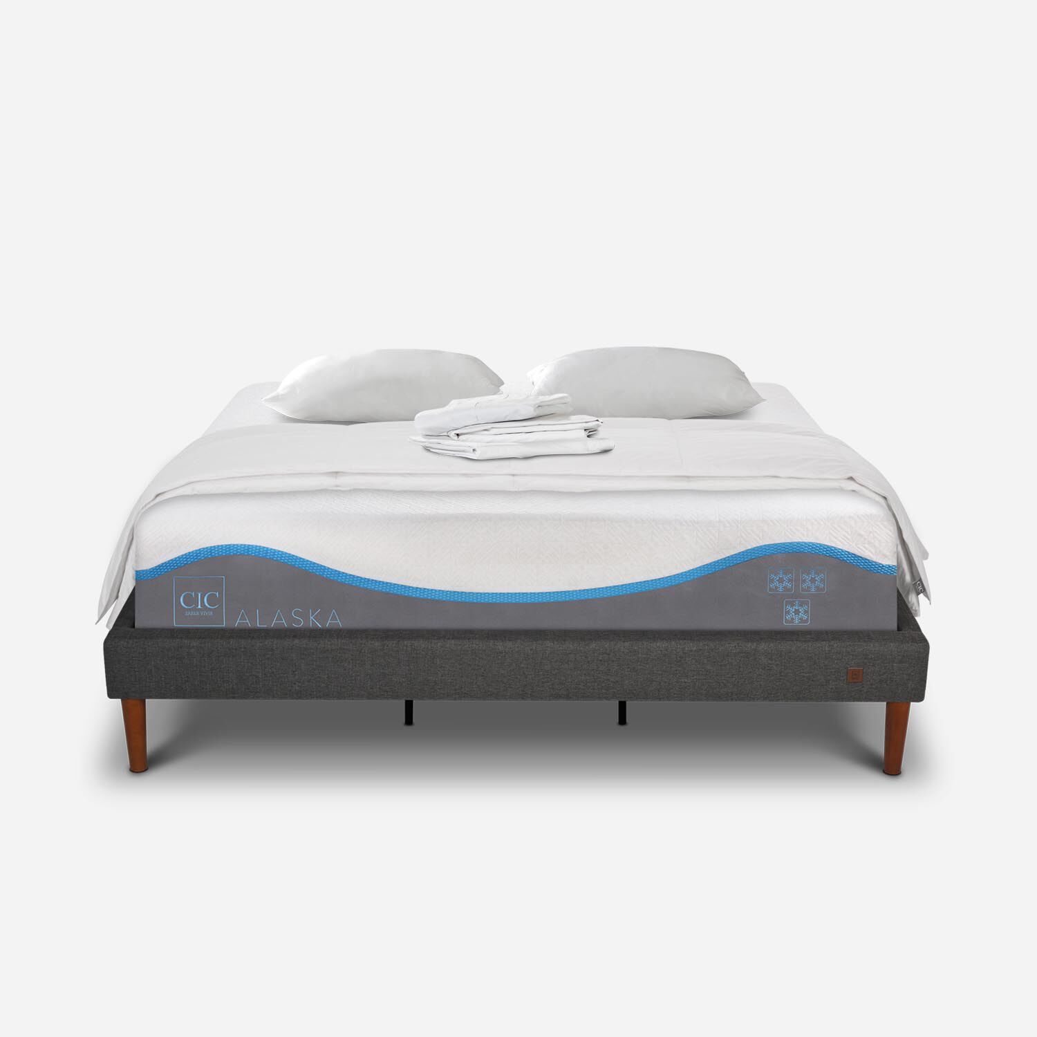 Cama Europea Curve King Alaska + Plum&oacute;n + S&aacute;banas + Almohadas Viscoel&aacute;sticass