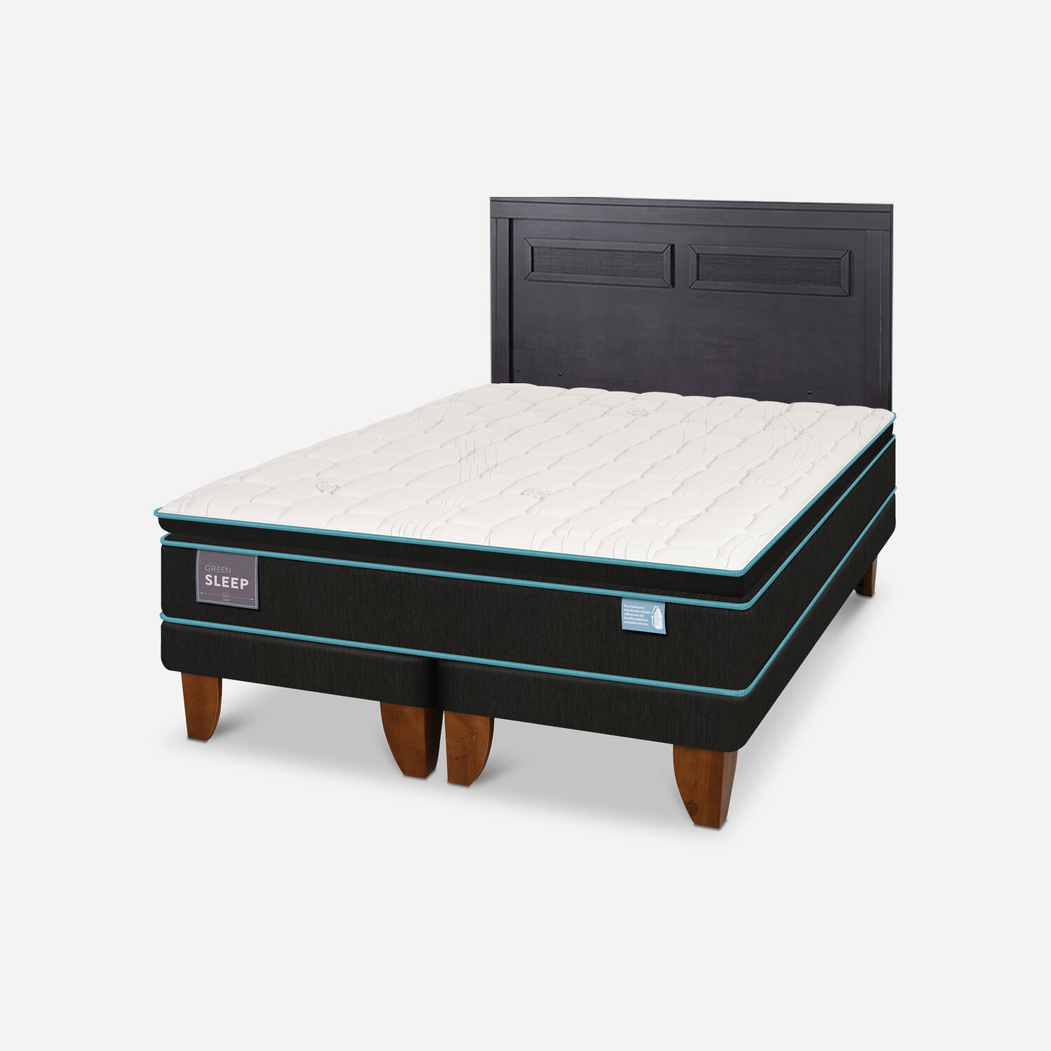 Cama Europea 2 Plazas Green Sleep Base Dividida + Respaldo Mil&aacute;n Negro