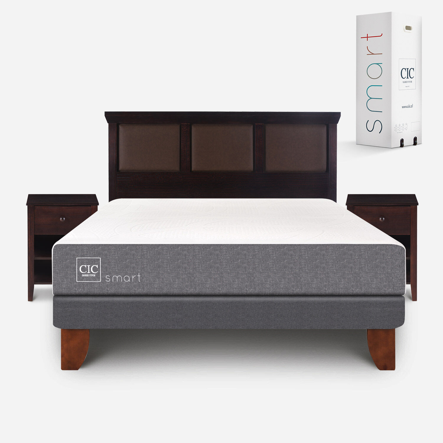 Cama Europea 2 Plazas Smart Base Normal + Set Torino Chocolate