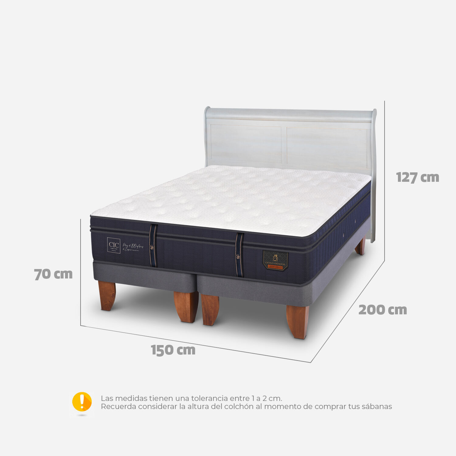 Cama Europea 2 Plazas Grand Premium Base Dividida + Respaldo Miró Alpino