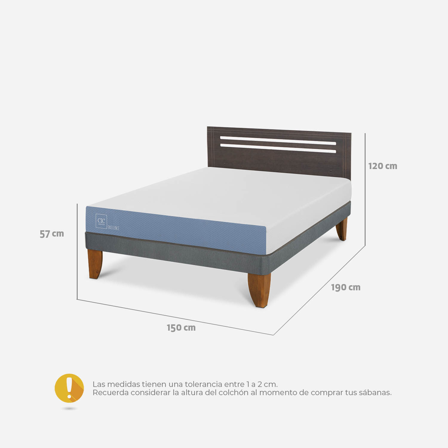 Cama Europea 2 Plazas Excellence Base Normal + Respaldo M&uacute;nich Gris