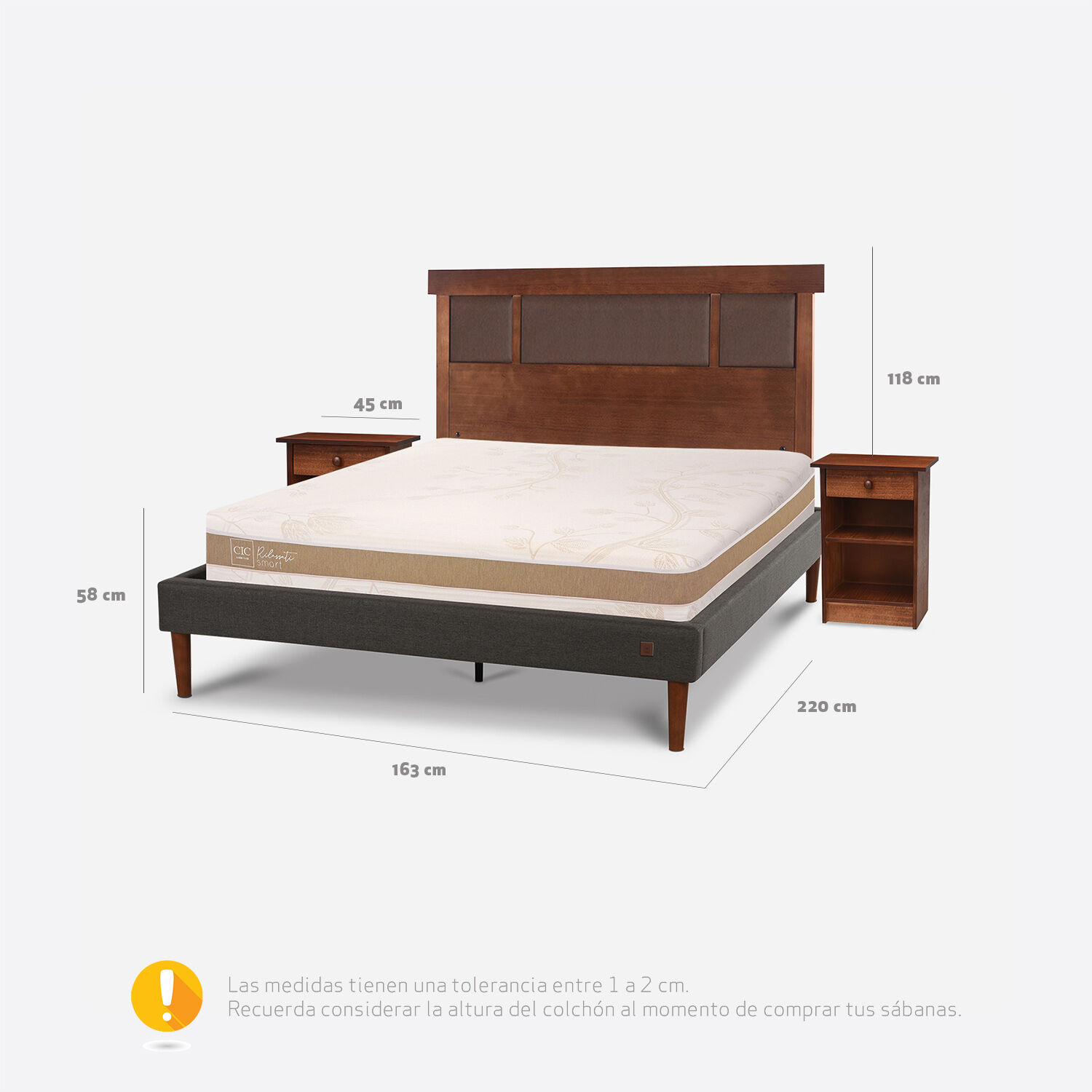 Cama Europea Curve 2 Plazas Rilassati Smart + Set New Dublín Caramel