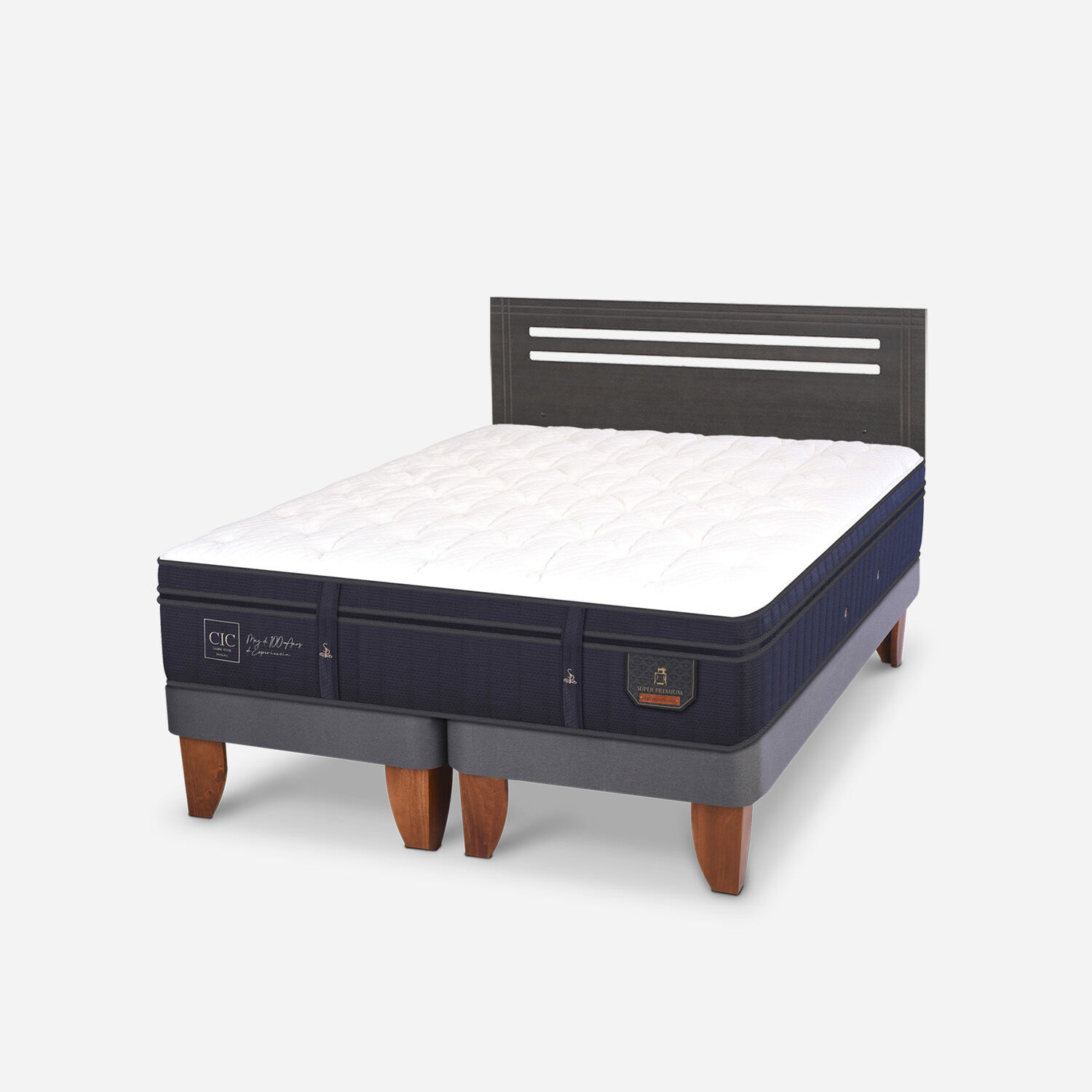 Cama Europea 2 Plazas Super Premium Base Dividida + Respaldo Múnich Gris
