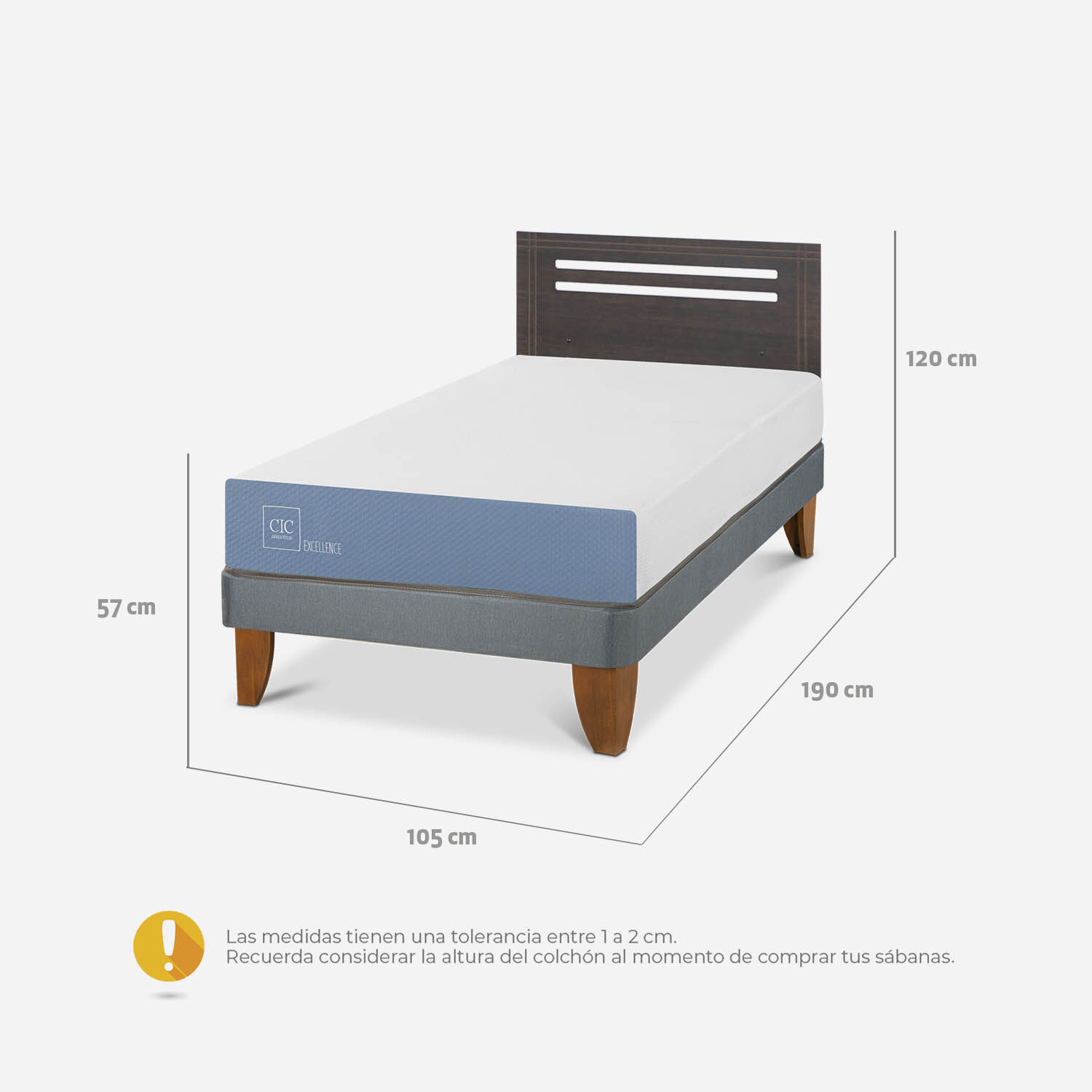 Cama Europea 1,5 Plazas Excellence + Respaldo Múnich Gris