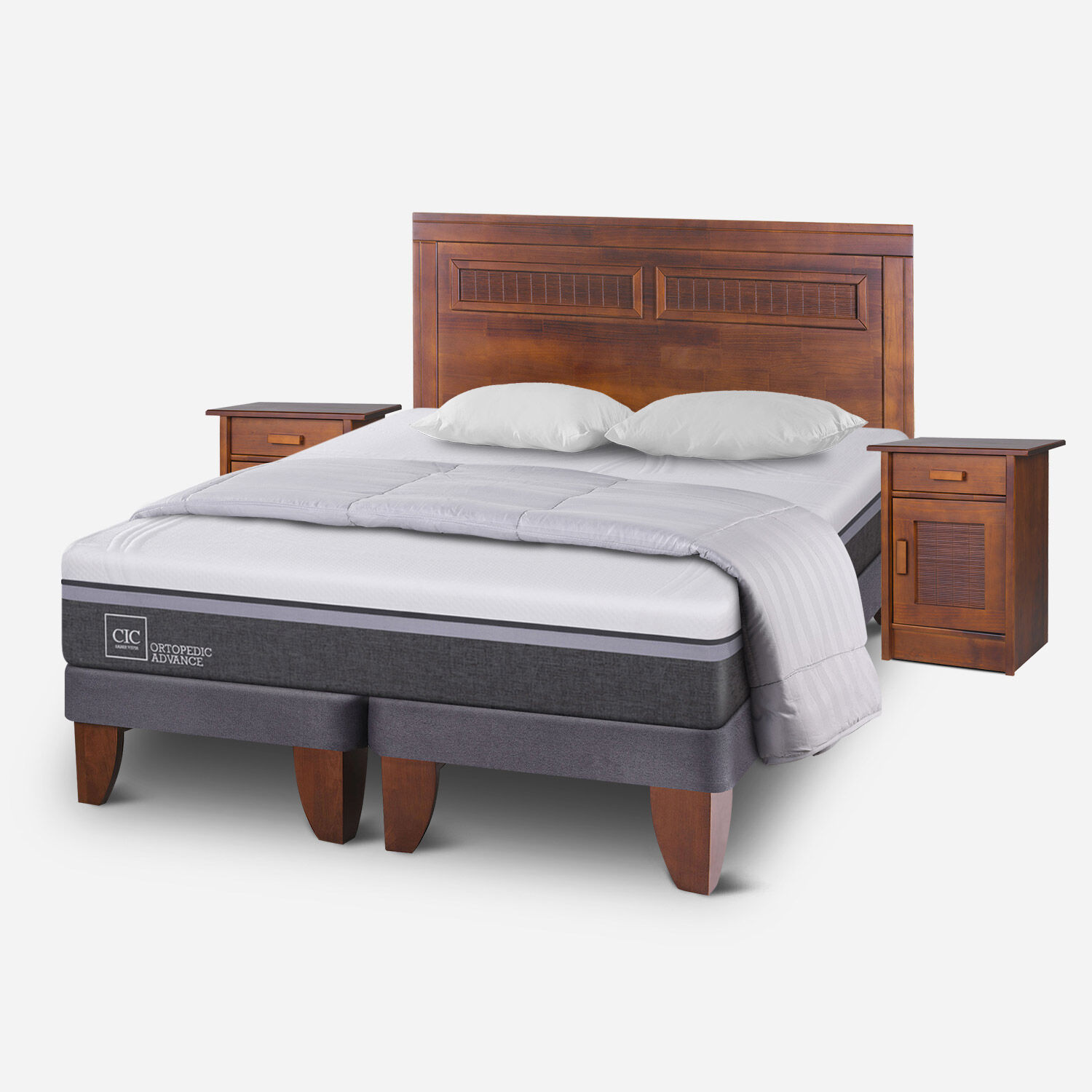Cama Europea 2 Plazas Ortopedic Advance Base Dividida + Set Milán Caramel + Almohadas + Plumón Plumas