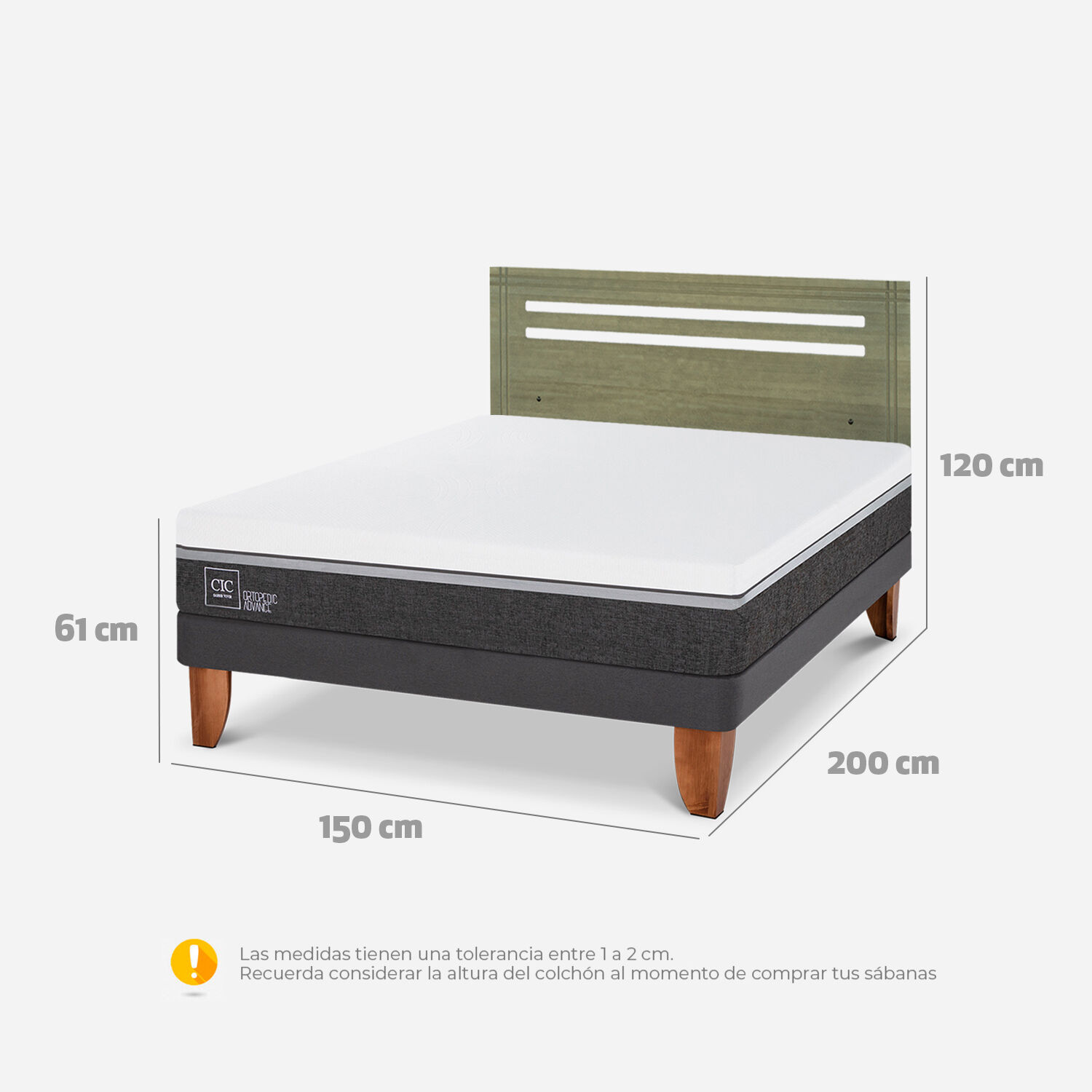 Cama Europea 2 Plazas Ortopedic Advance Base Normal + Respaldo M&uacute;nich Olivo