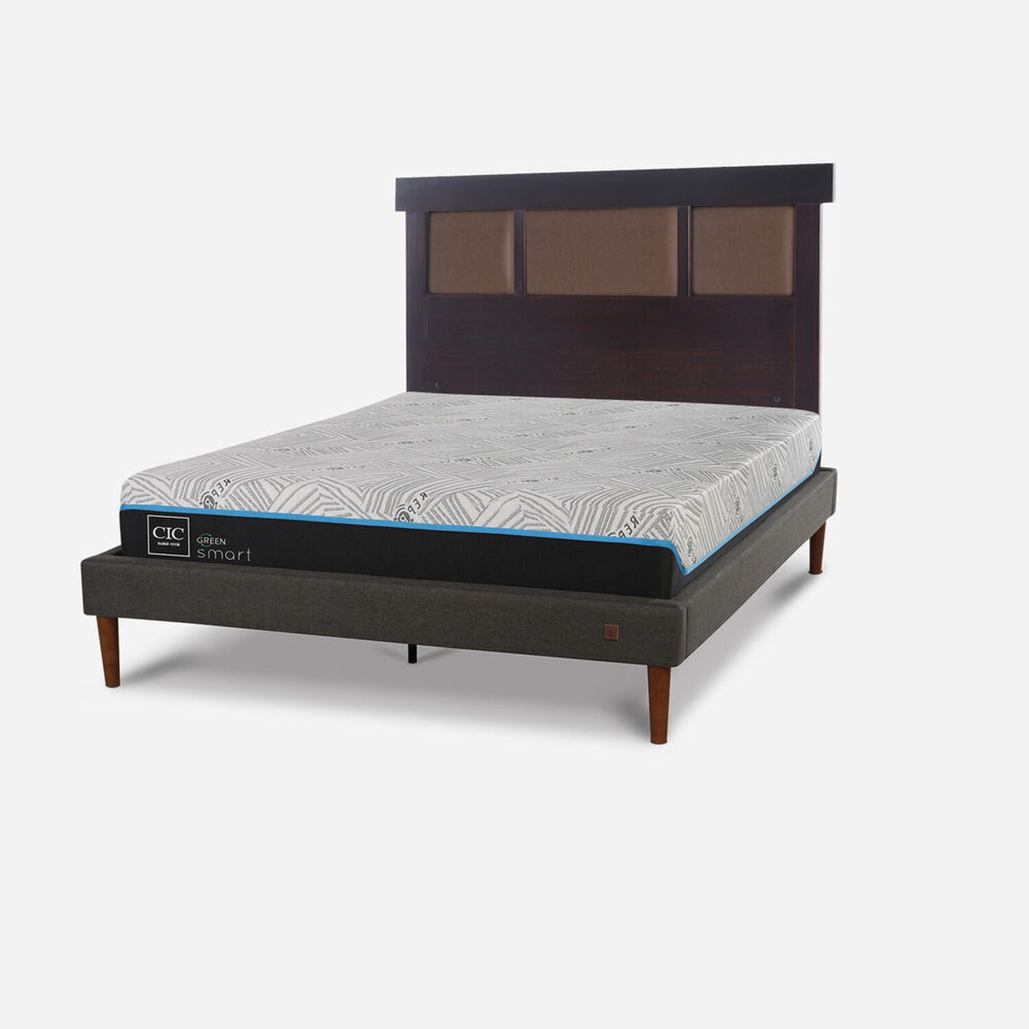 Cama Europea Curve 2 Plazas Smart Green + Respaldo Dublín Choc