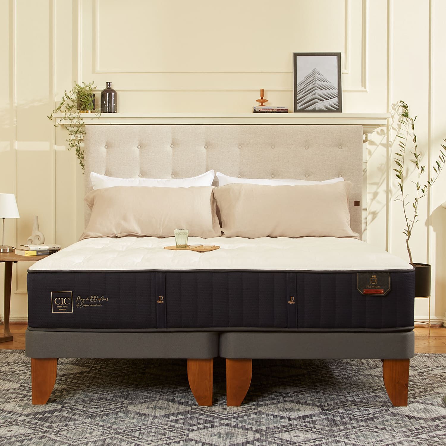 Cama Europea King Premium + Respaldo Villarrica Gris