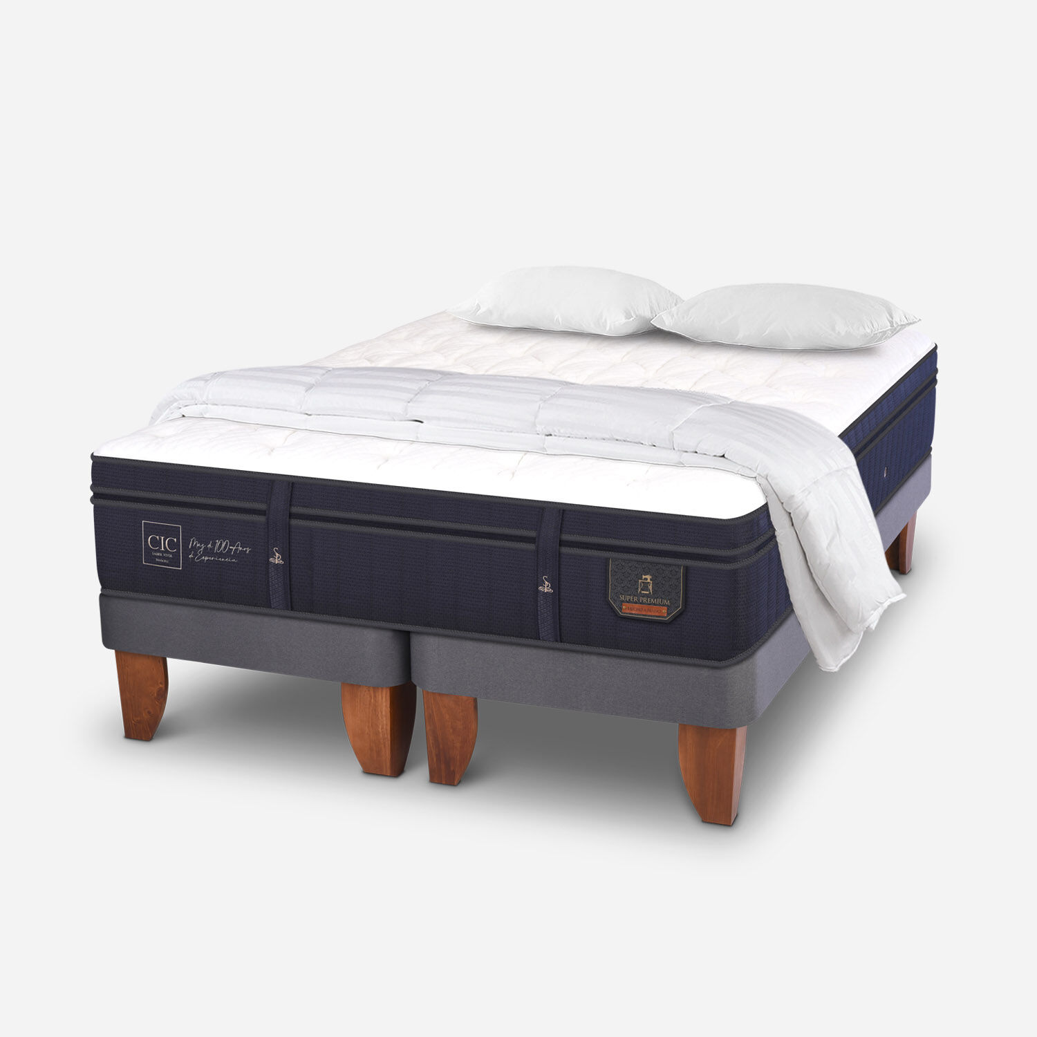 Cama Europea 2 Plazas Super Premium Base Dividida + Almohadas Viscoel&aacute;sticas + Plum&oacute;n