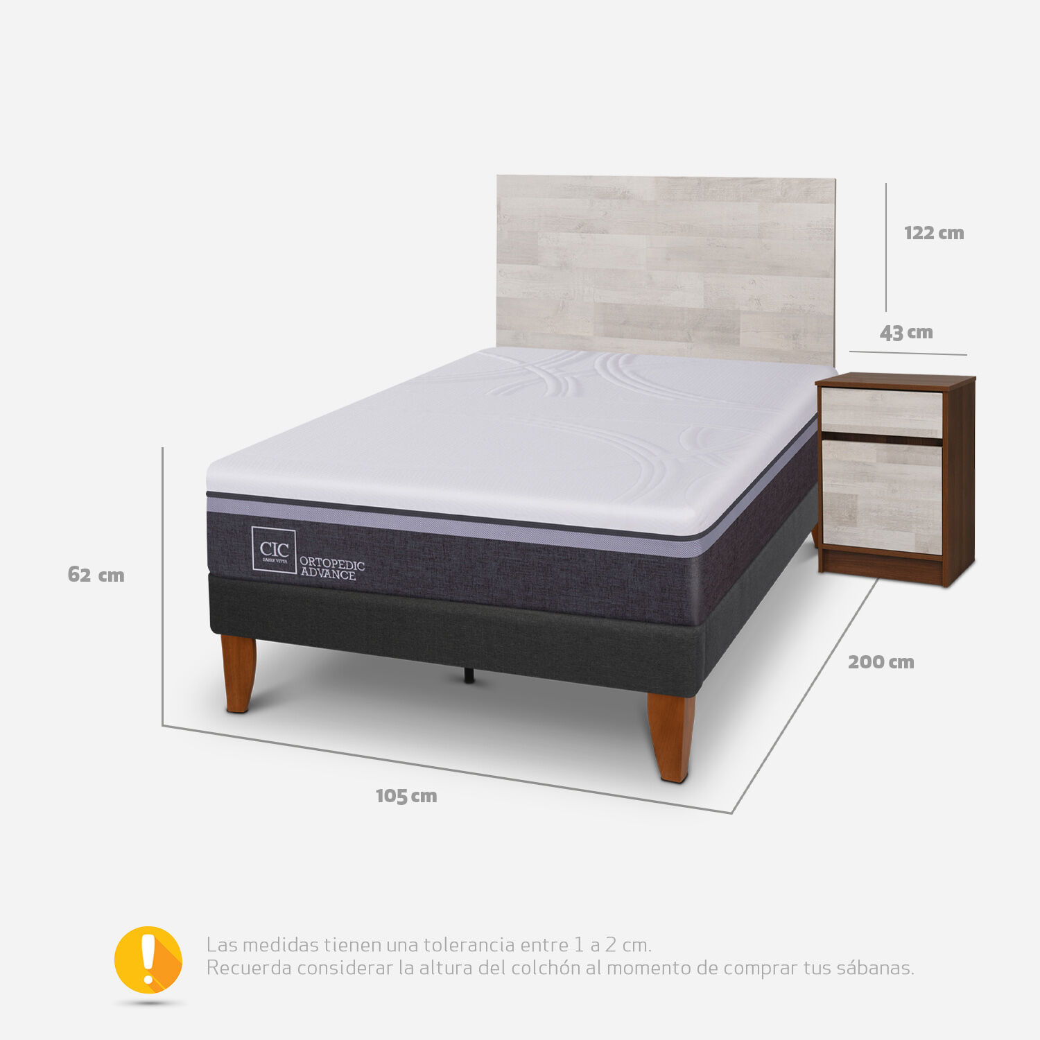 Cama Europea Curve 1.5 Plazas Ortopedic Advance + Set Legno