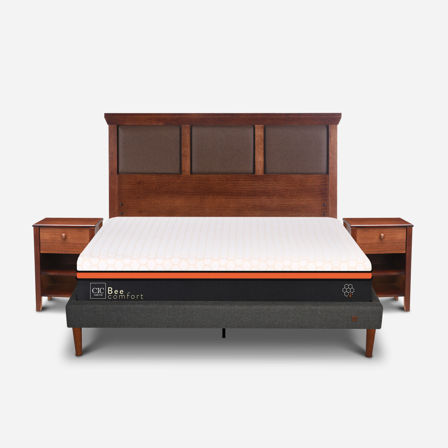 Cama Europea Curve 2 Plazas Bee Comfort + Set Torino Caramel