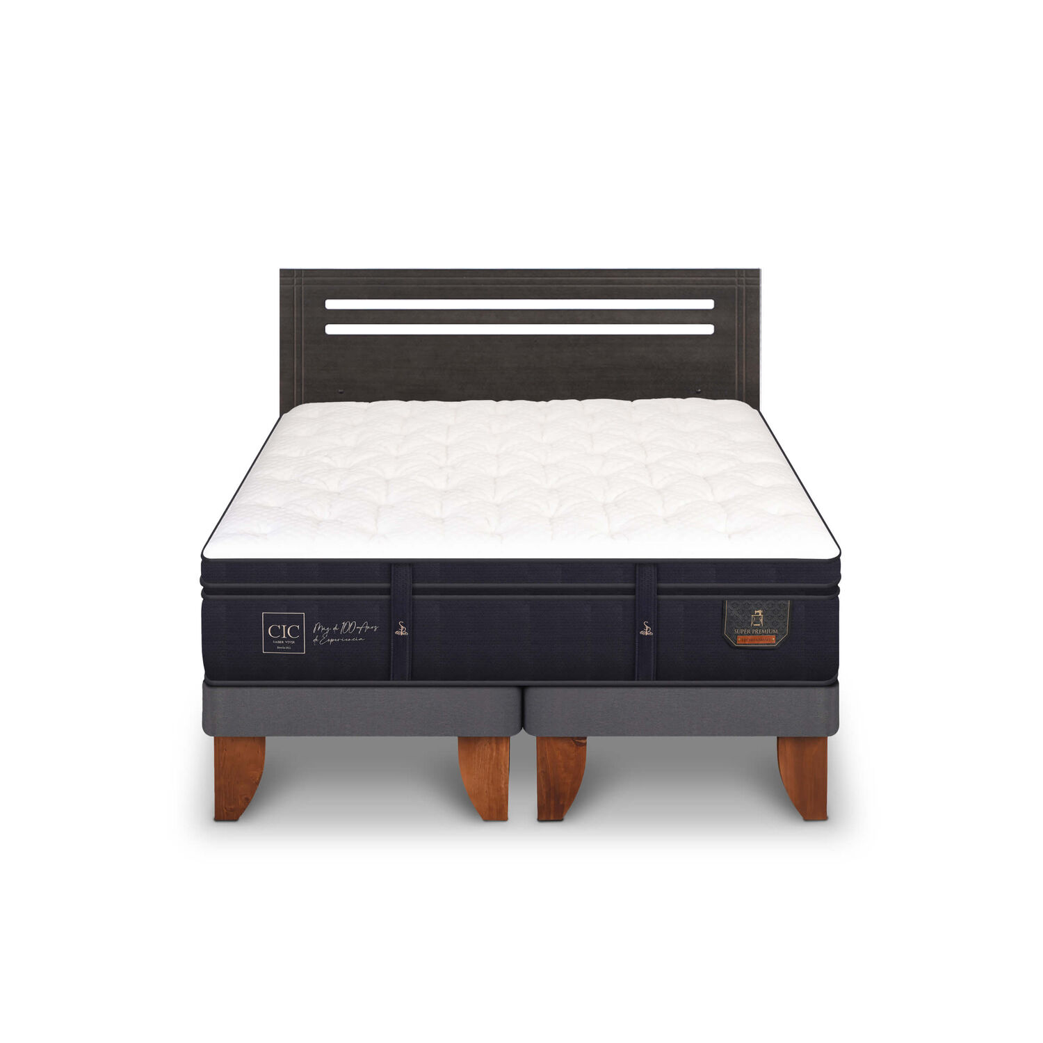 Cama Europea 2 Plazas Super Premium Base Dividida + Respaldo Múnich Gris