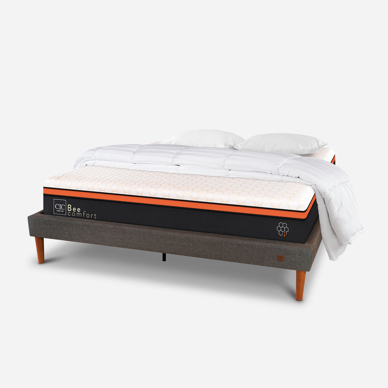 Cama Europea Curve 2 Plazas Bee Comfort + Almohadas Viscoel&aacute;sticas + Plum&oacute;n