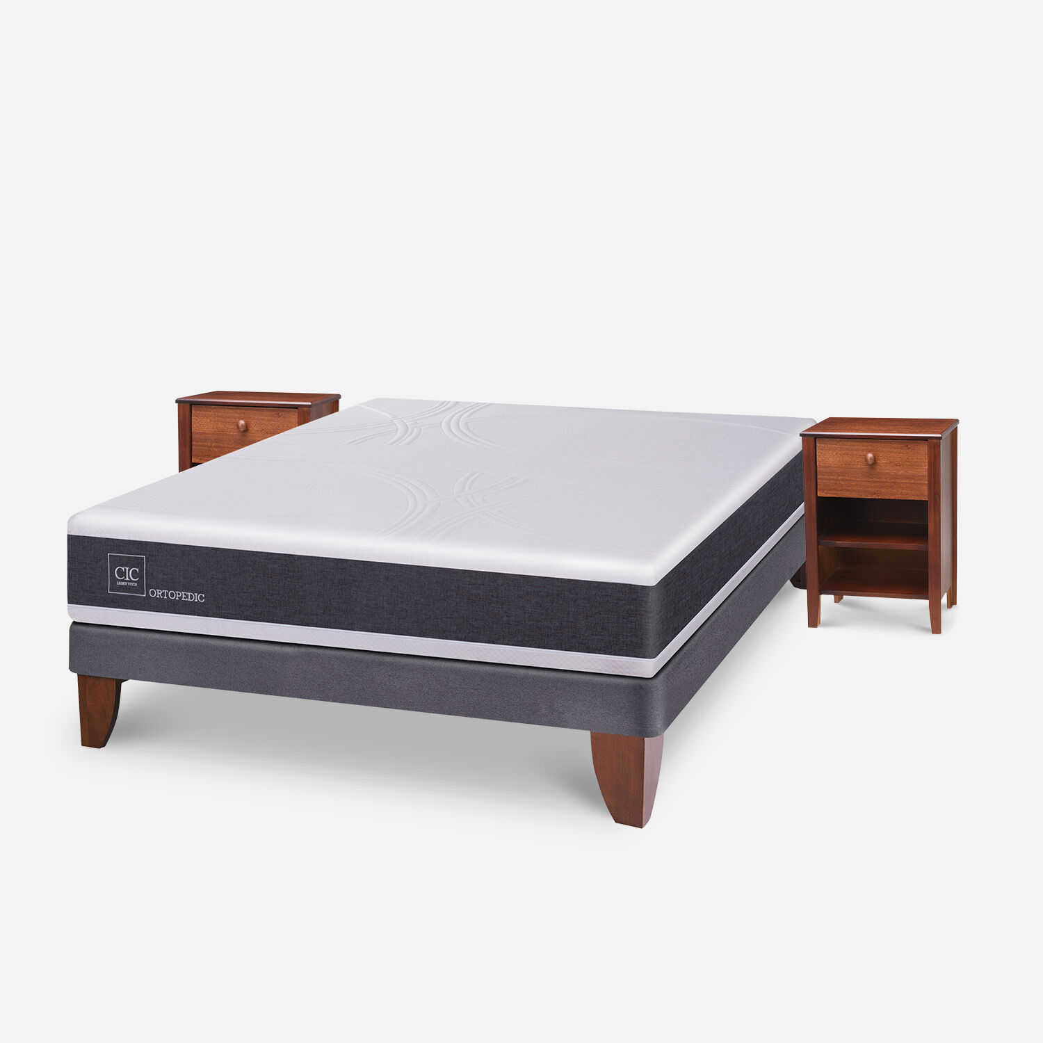 Cama Europea 2 Plazas Ortopedic Base Normal + Veladores Torino Caramel