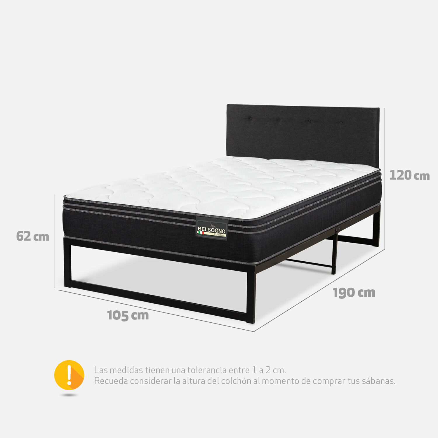 Cama Iron Smart Belsogno 1,5 Plazas Premium Black con Respaldo Black