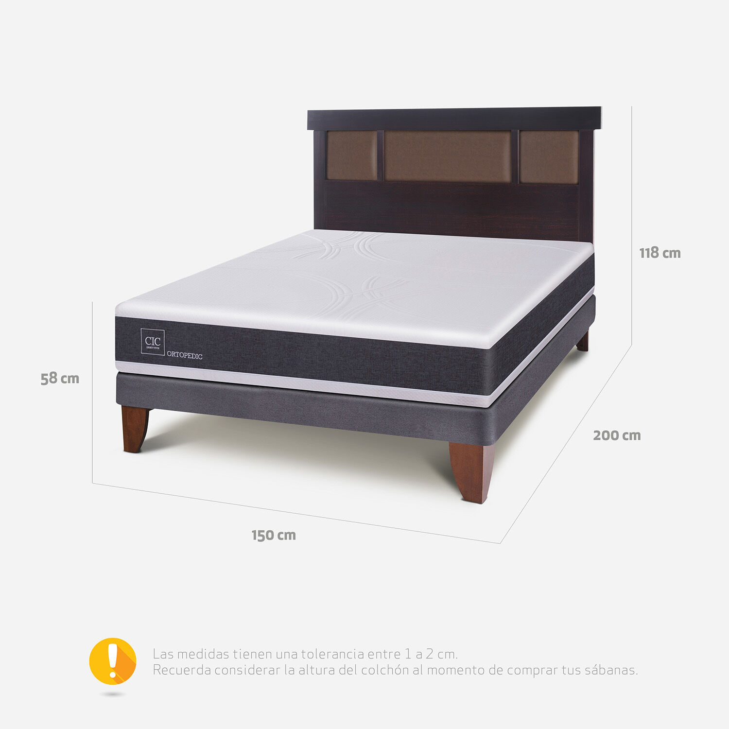 Cama Europea 2 Plazas Base Normal Ortopedic + Respaldo Dublín Chocolate