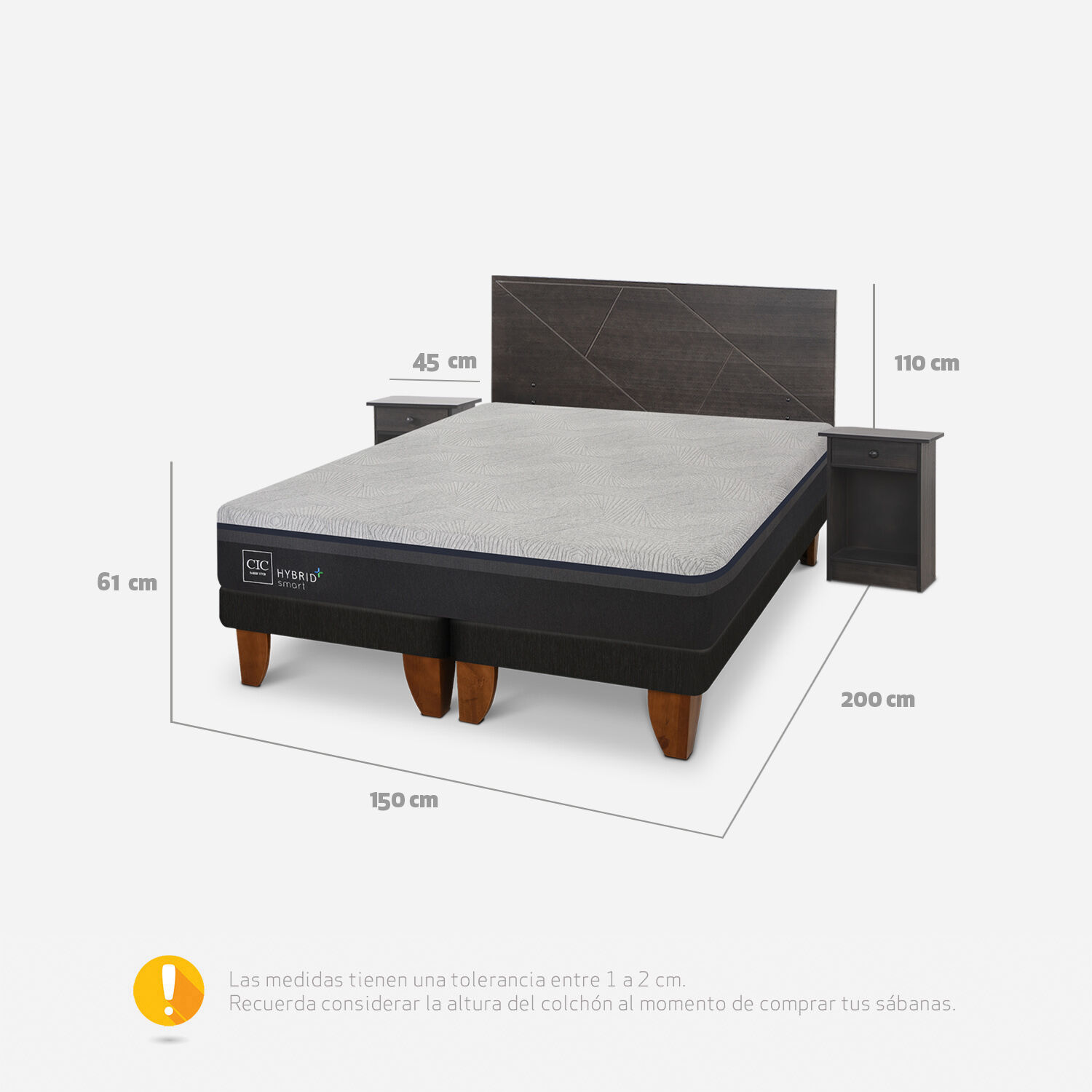 Cama Europea 2 Plazas Hybrid Plus Smart Base Dividida + Set Villarrica Gris