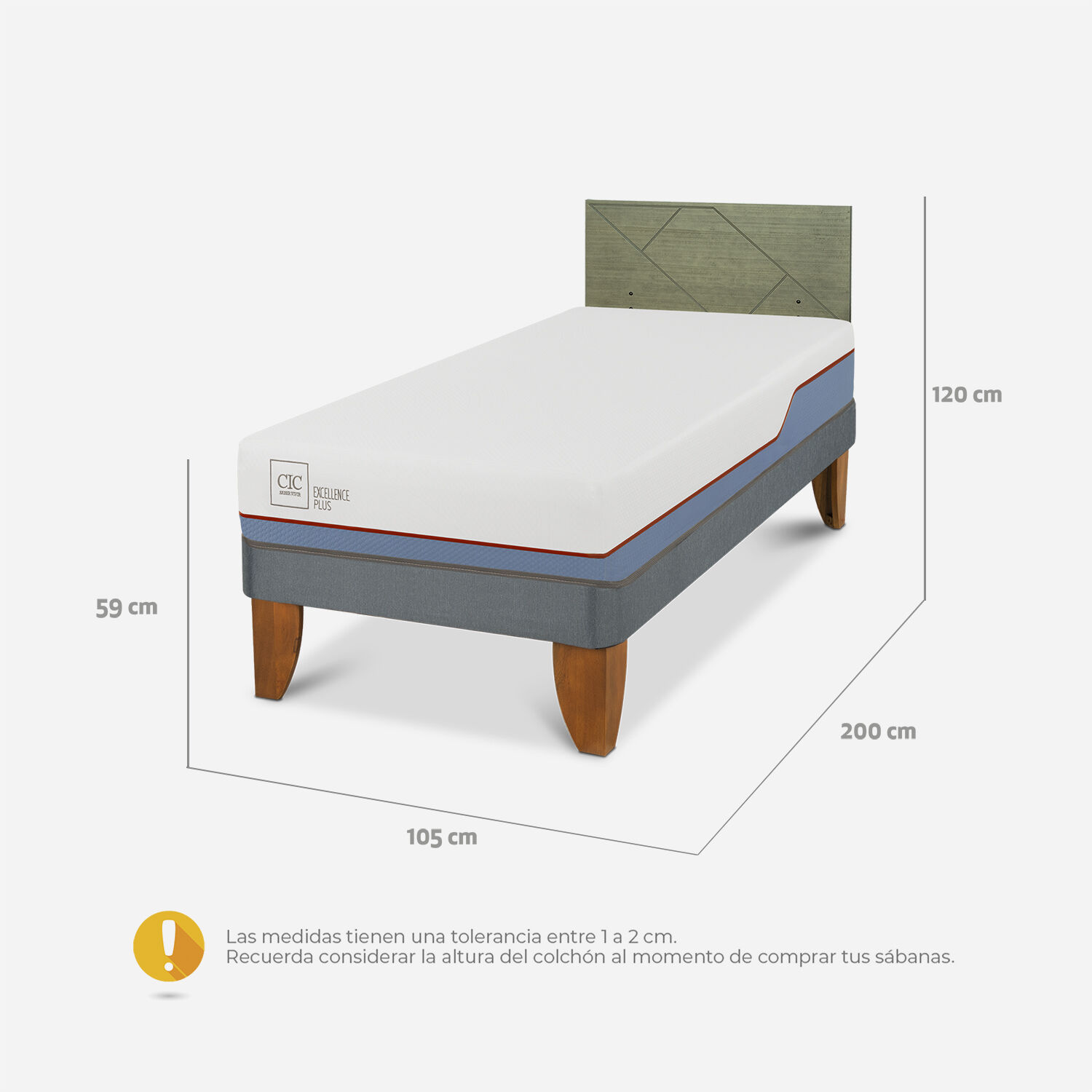 Cama Europea 1,5 Plazas Excellence Plus + Respaldo Villarrica Olivo