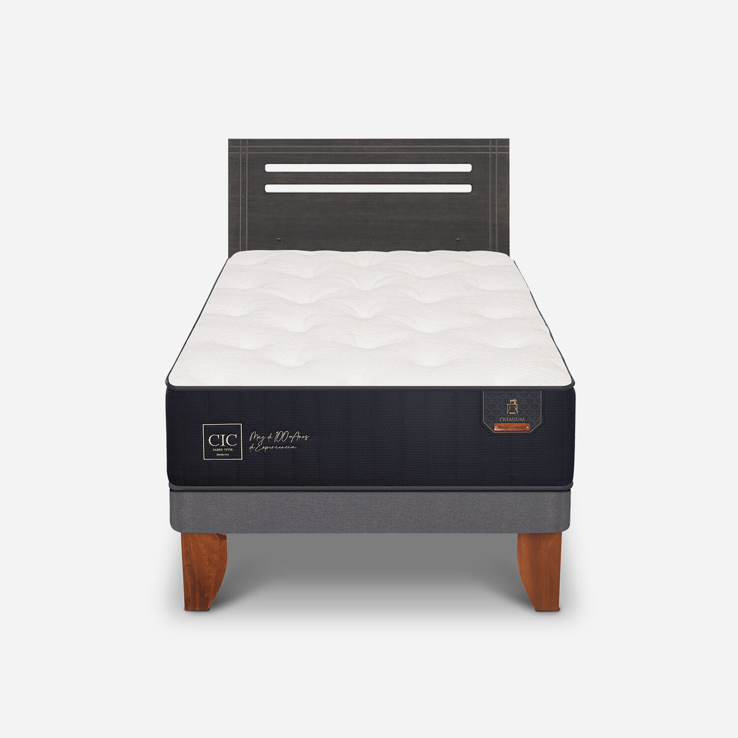 Cama Europea 1,5 Plazas Premium + Respaldo Múnich Gris