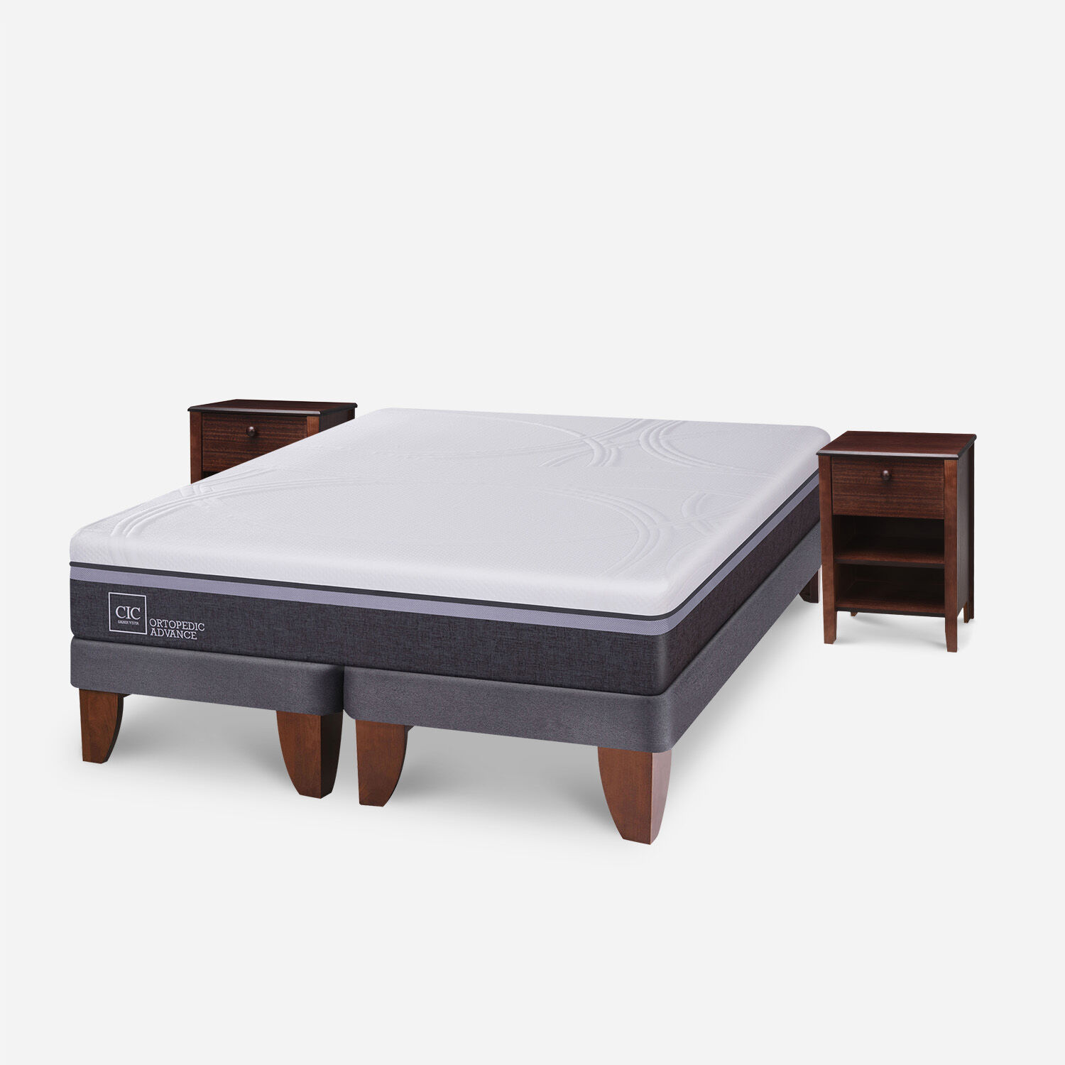 Cama Europea 2 Plazas Base Dividida Ortopedic Advance + Veladores Torino Choc