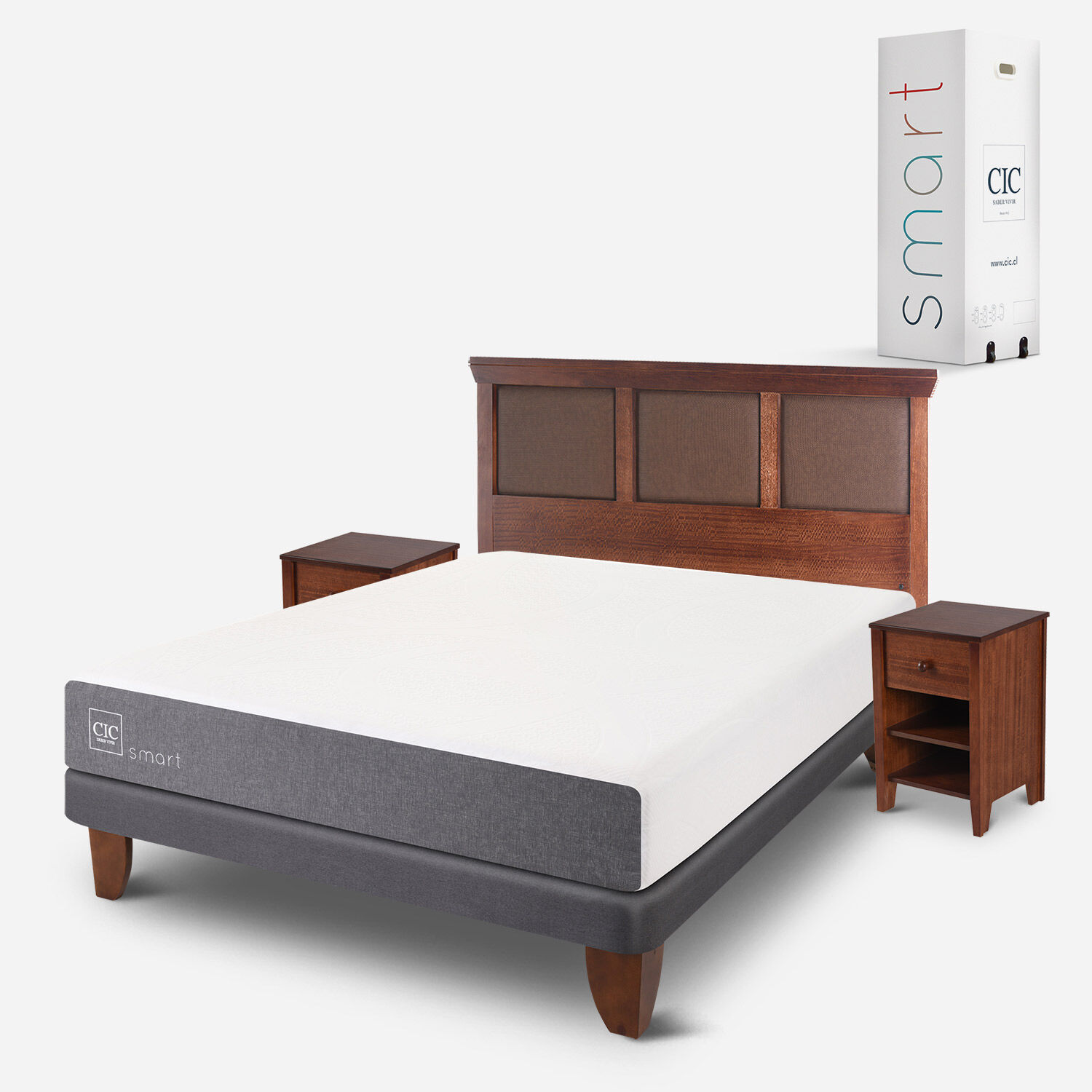 Cama Europea 2 Plazas Smart Base Normal + Set Torino Caramel