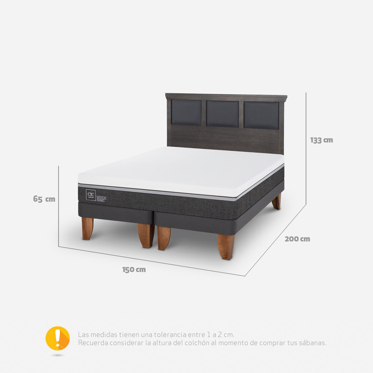 Cama Europea 2 Plazas Ortopedic Advance Base Dividida + Respaldo Torino Gris