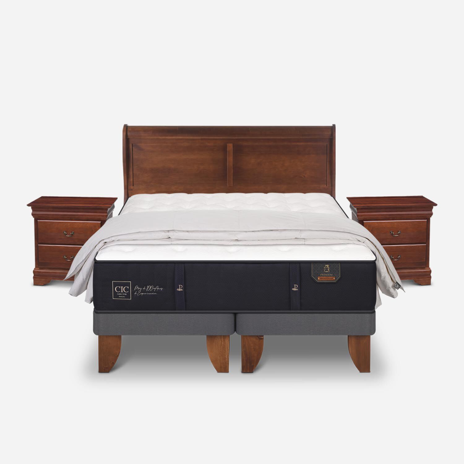 Cama Europea King Premium + Set Mir&oacute; Caramel + Almohadas 100% de Pluma de Ganso