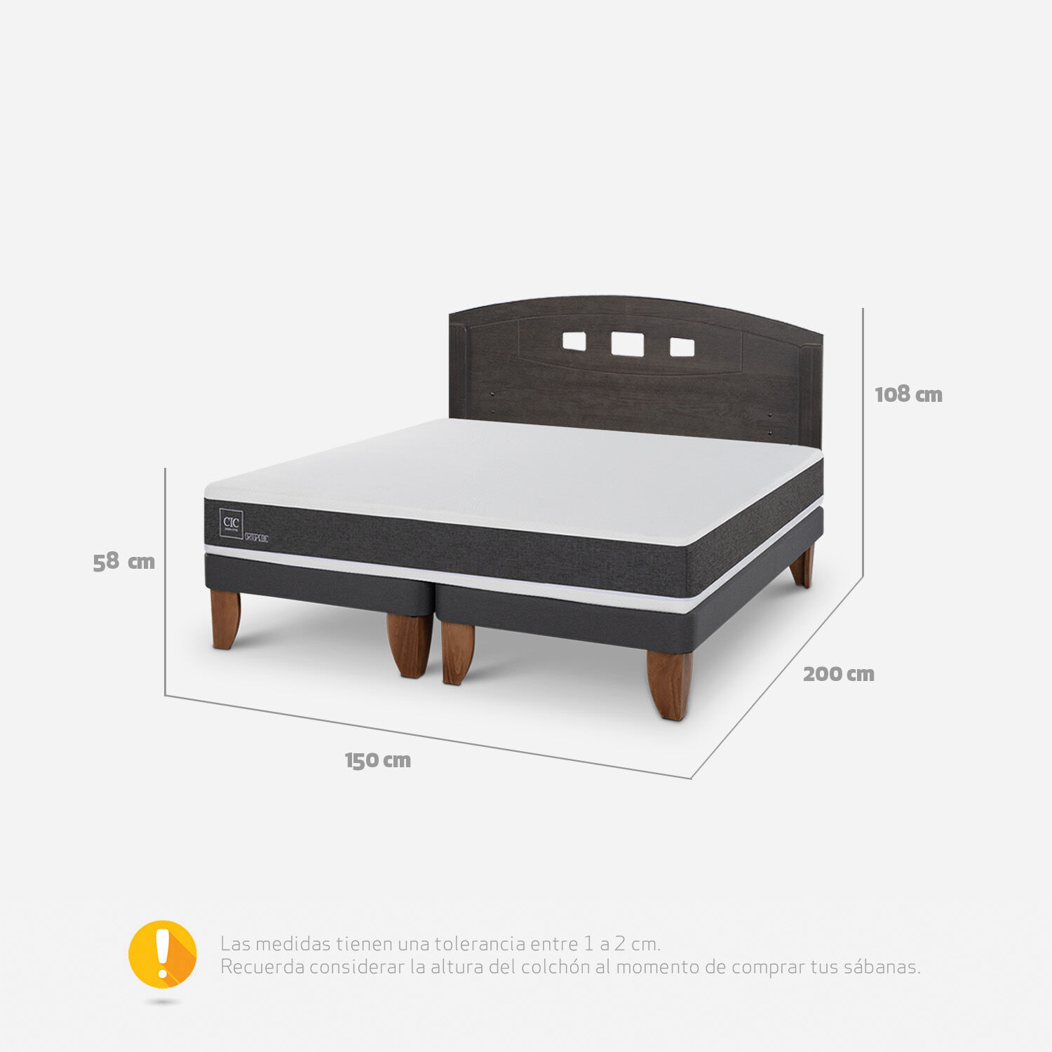 Cama Europea 2 Plazas Ortopedic Base Dividida + Respaldo Gales Gris