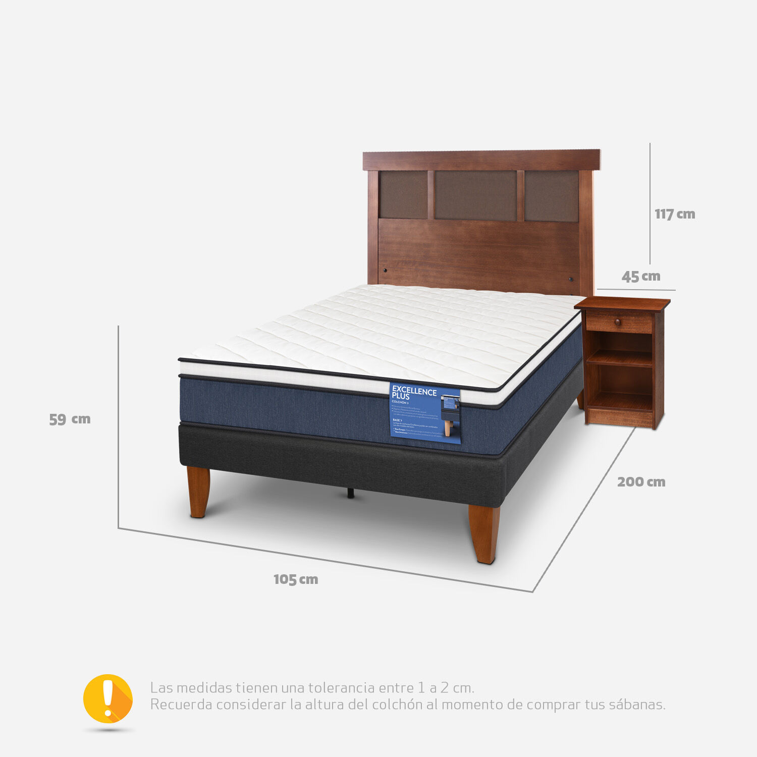 Cama Europea Curve 1.5 Plazas Excellence Plus + Set New Dublín Caramel