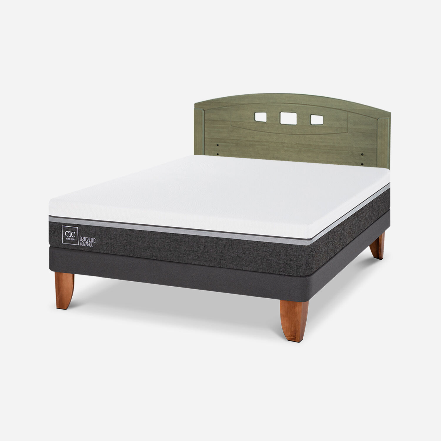 Cama Europea 2 Plazas Ortopedic Advance Base Normal + Respaldo Gales Olivo