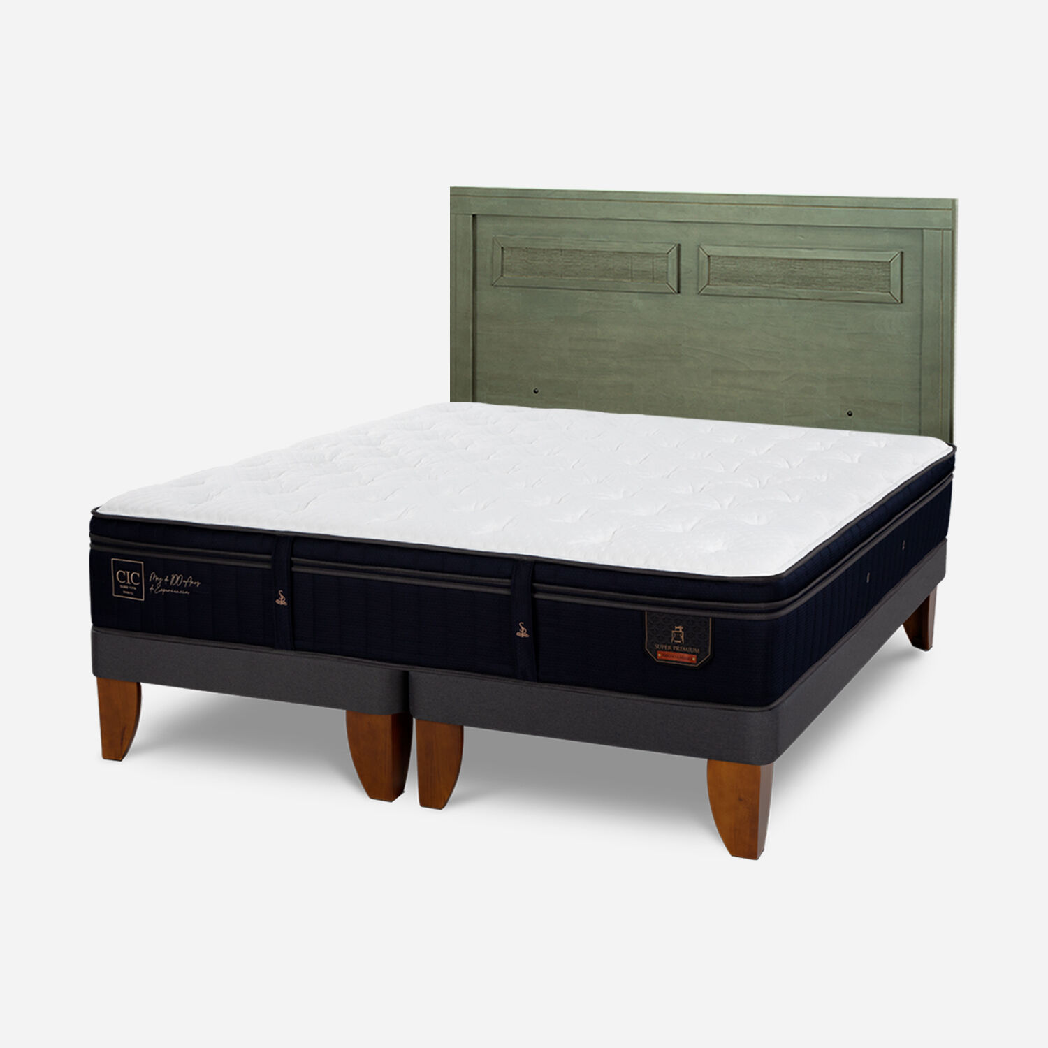 Cama Europea 2 Plazas Super Premium Base Dividida + Respaldo Milán Olivo