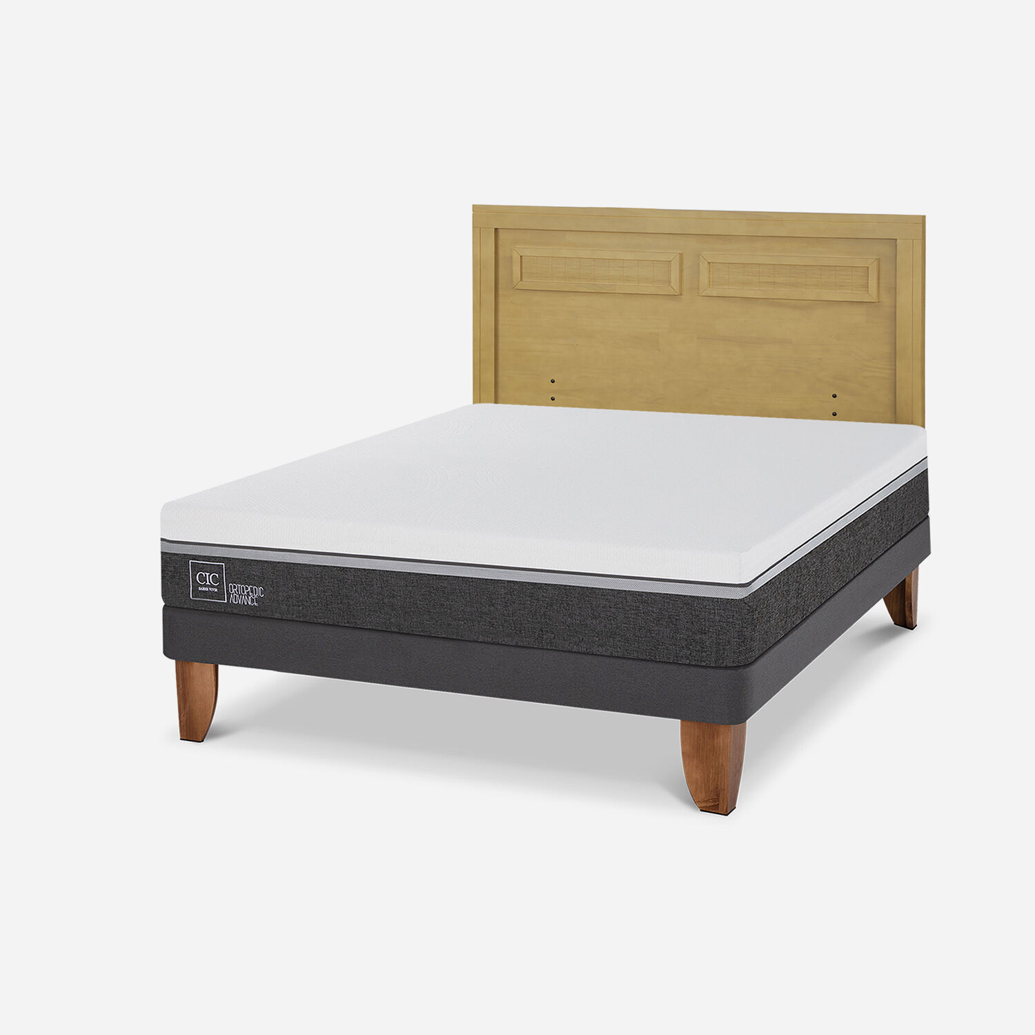 Cama Europea 2 Plazas Ortopedic Advance Base Normal + Respaldo Mil&aacute;n Mostaza