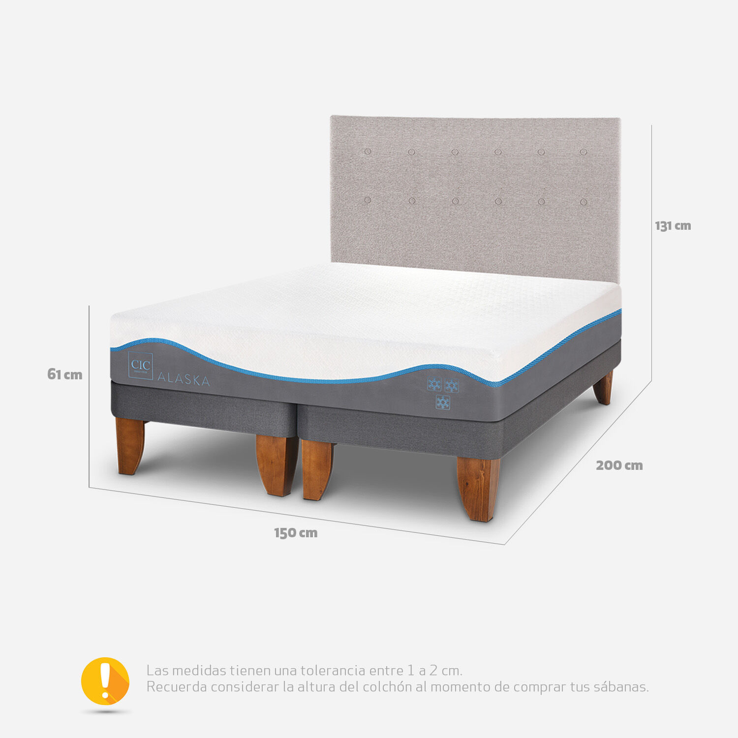 Cama Europea 2 Plazas Alaska Base Dividida + Respaldo Tigris