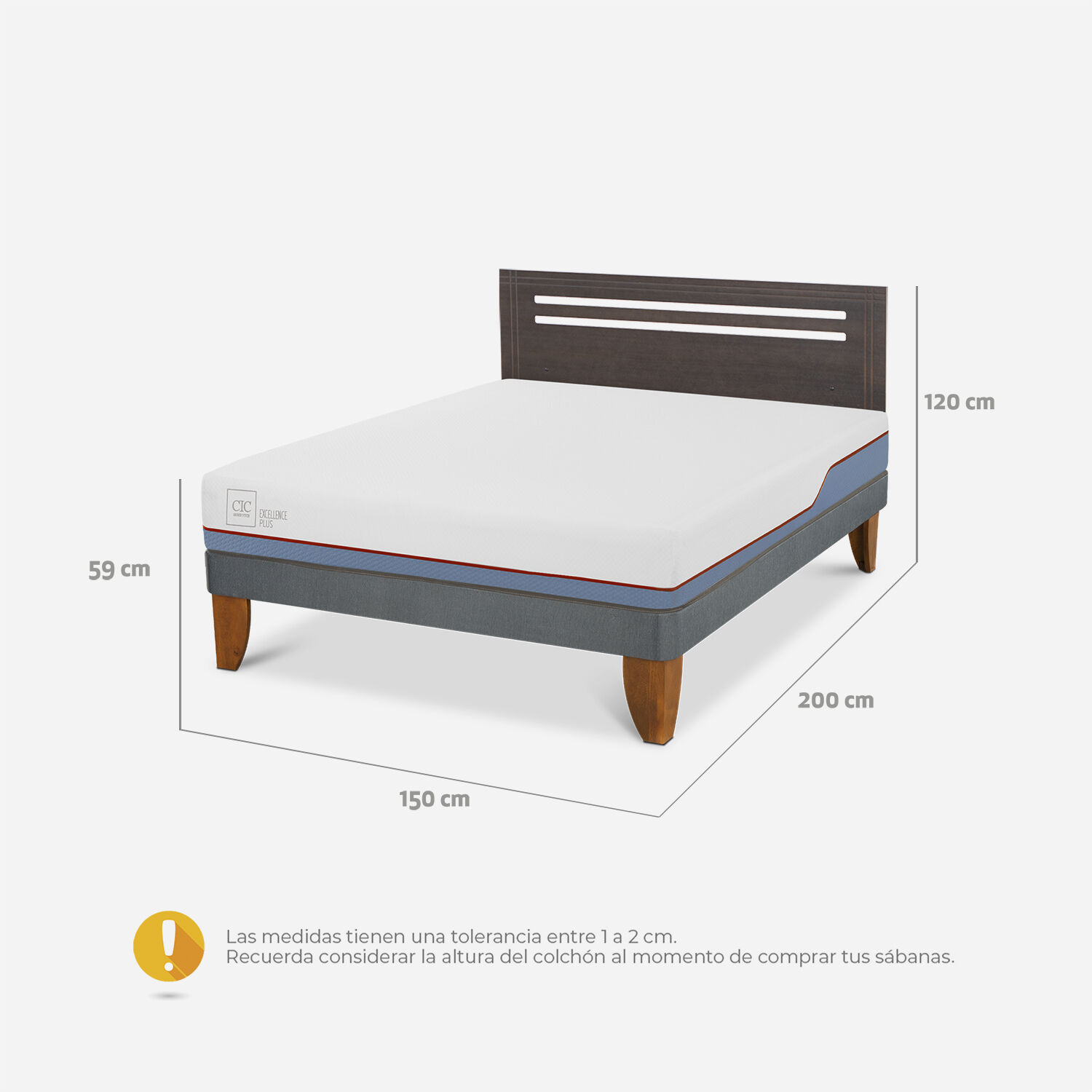 Cama Europea 2 Plazas Excellence Base Normal + Respaldo Múnich Gris