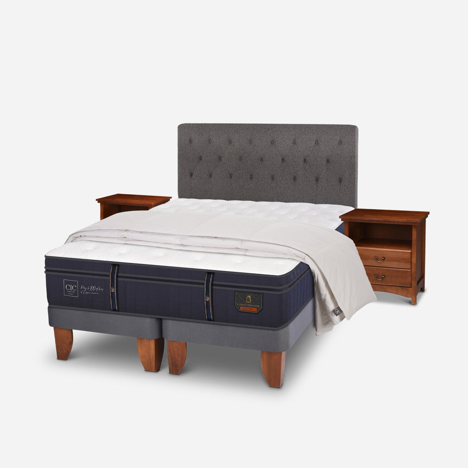Cama Europea King Grand Premium + Set Kavery + Plum&oacute;n 100% Pluma de Ganso