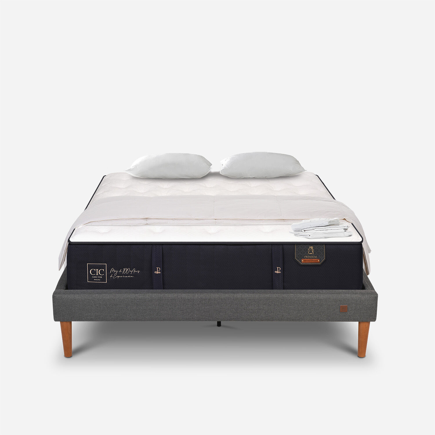 Cama Europea Curve 2 Plazas Premium + Plum&oacute;n + S&aacute;banas + Almohadas