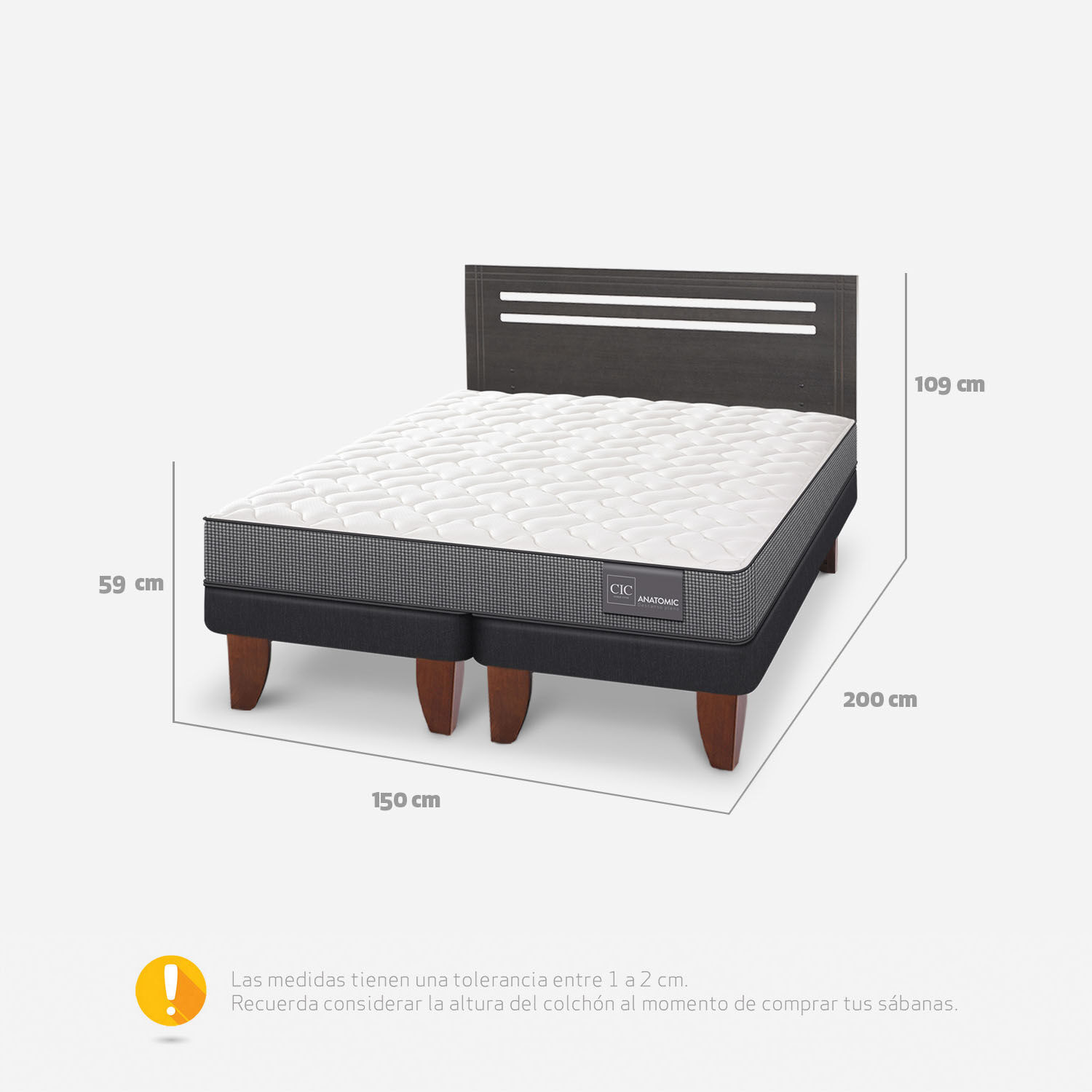 Cama Europea 2 Plazas Anatomic Base Dividida + Respaldo Múnich Gris